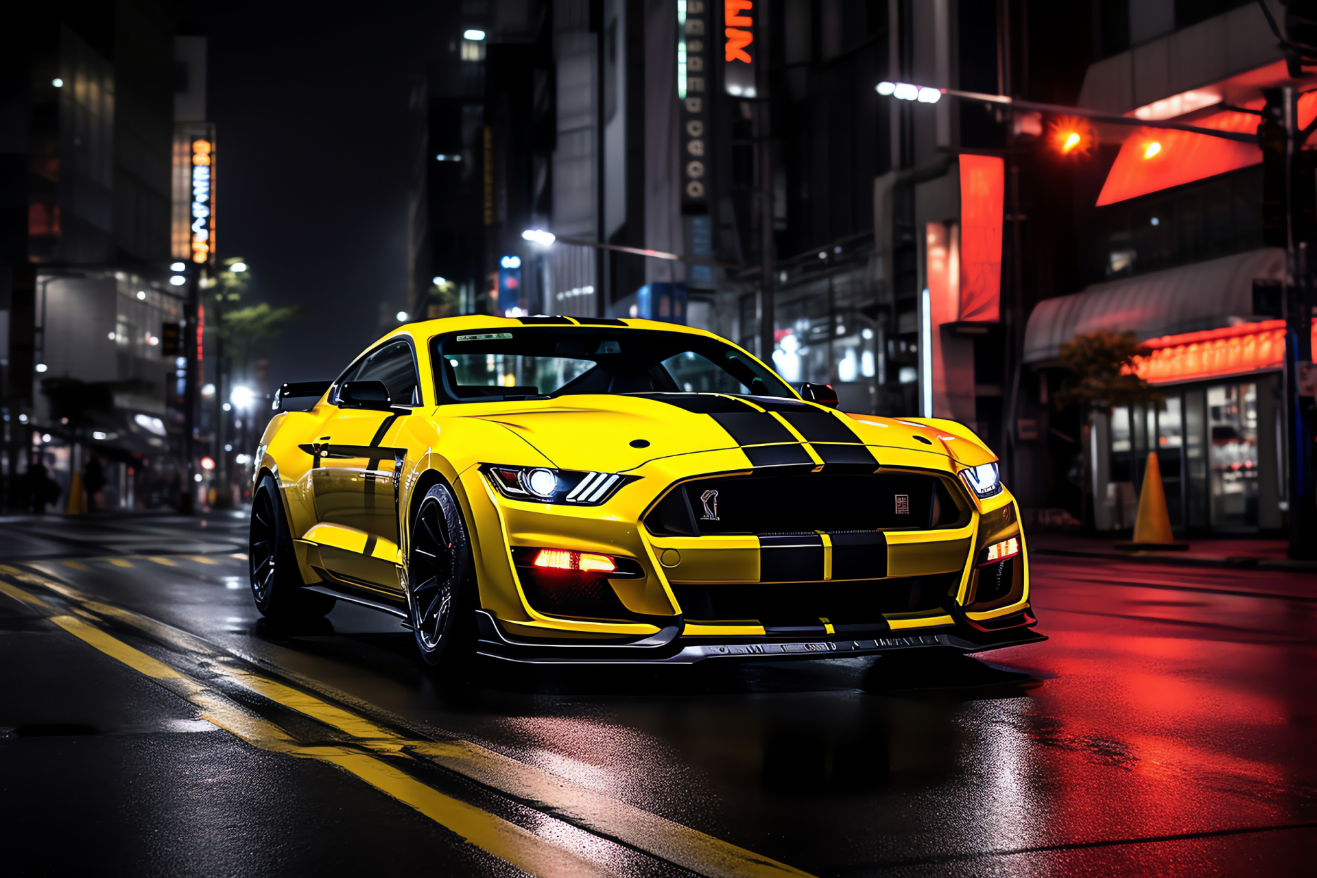 Ford Mustang Mach 1 attraction, Tokyo lights, Exuberant color, Night racing, Auto thrill, HD Desktop Image