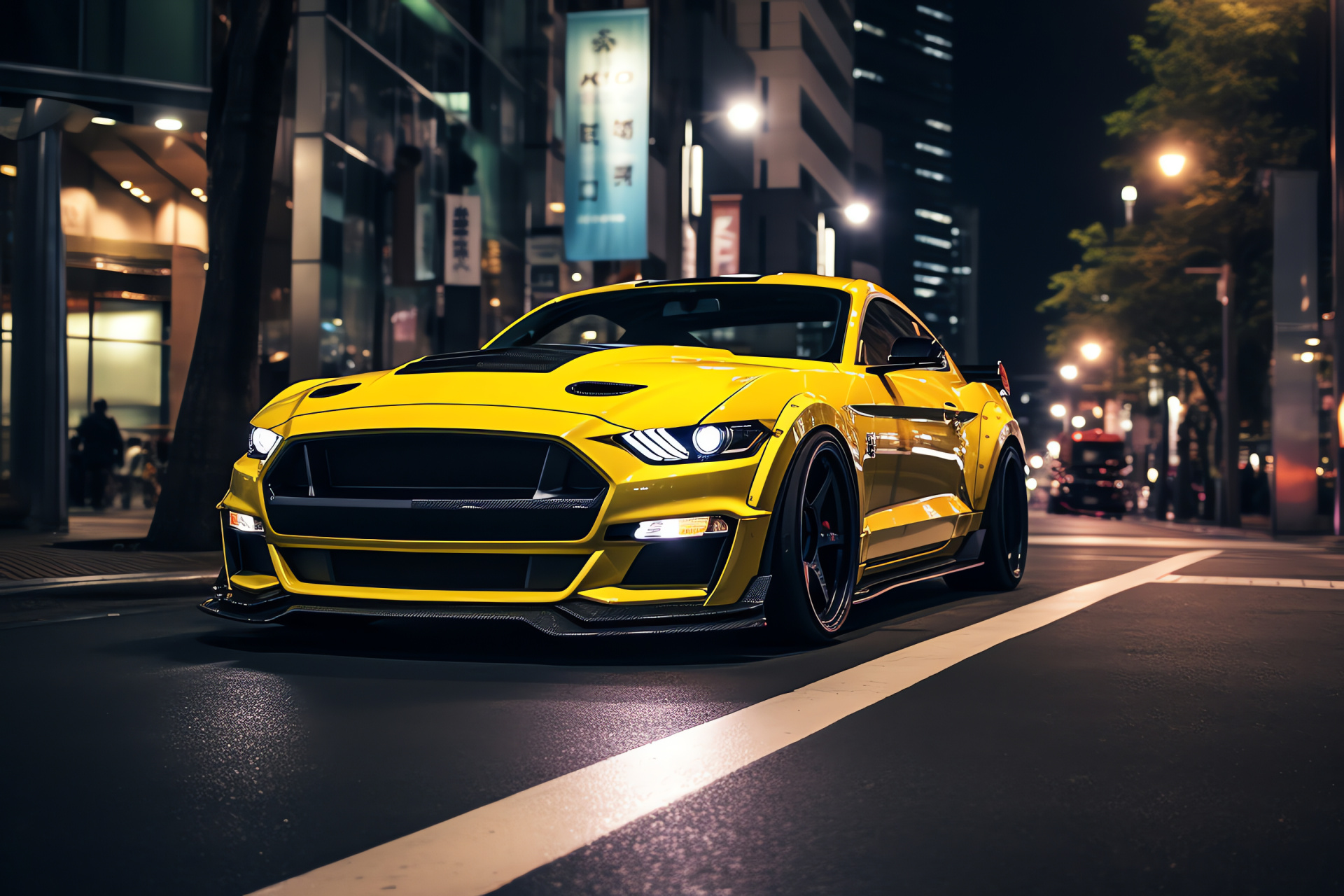 Mustang GT350 and Mach 1, Tokyo streets, Vibrant Grabber Yellow, City glow, Cultural metropolis, HD Desktop Wallpaper