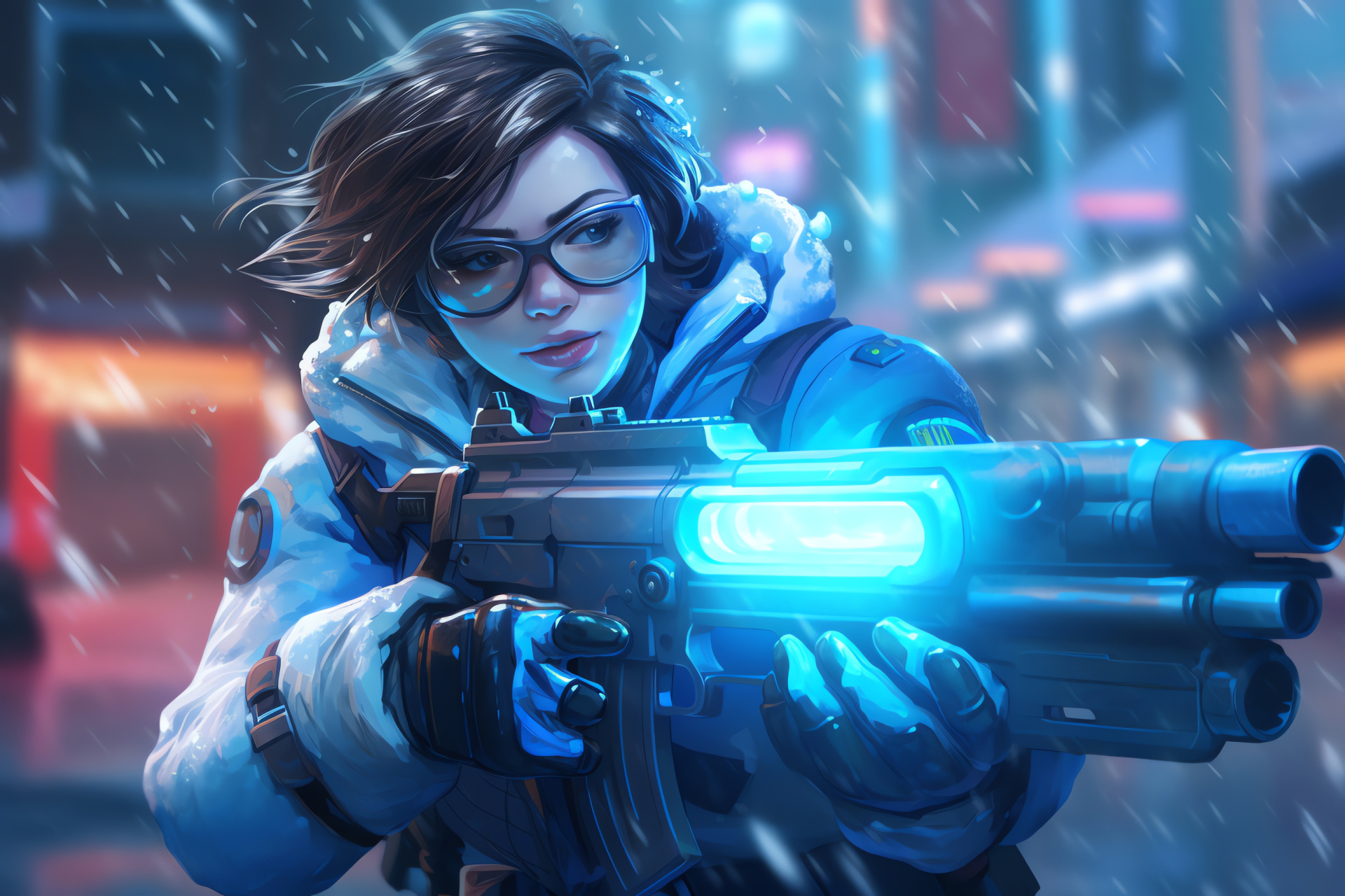 Overwatch Mei as climatologist, King's Row showdown, strategic gameplay, blaster action, urban European map, HD Desktop Wallpaper