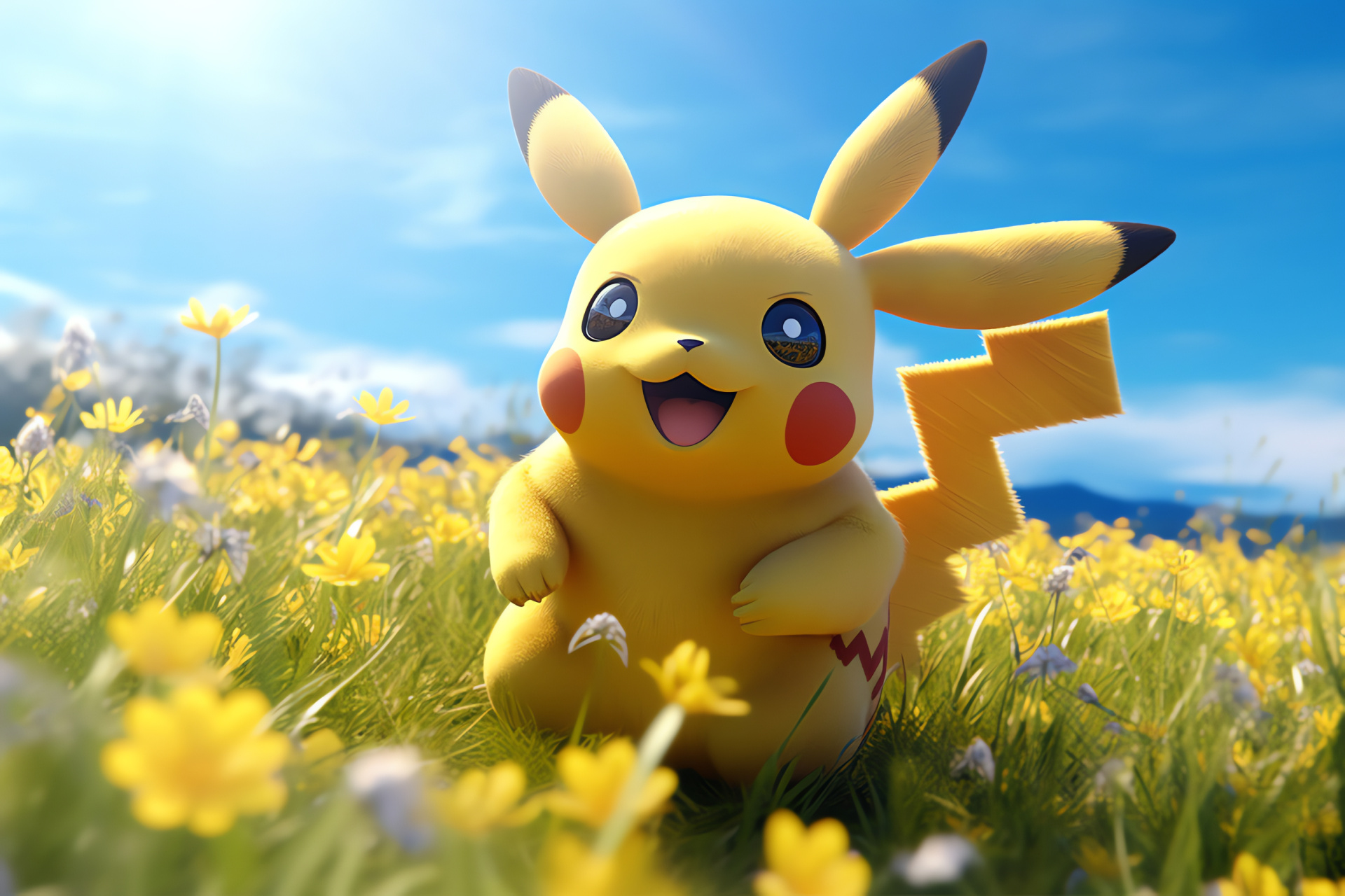 Iconic Pikachu, Spark-type mascot, Bright fur, Cheerful red spots, Lush meadow, HD Desktop Wallpaper