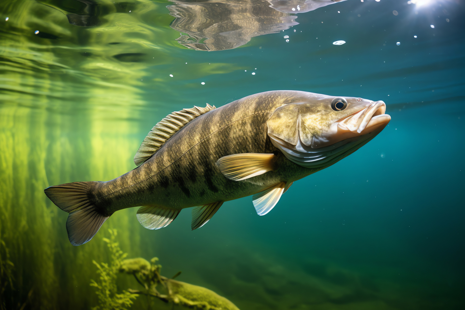 Aquatic Smallmouth Bass, Pristine habitat, Sleek silhouette, Aquatic grace, Calm waters, HD Desktop Image