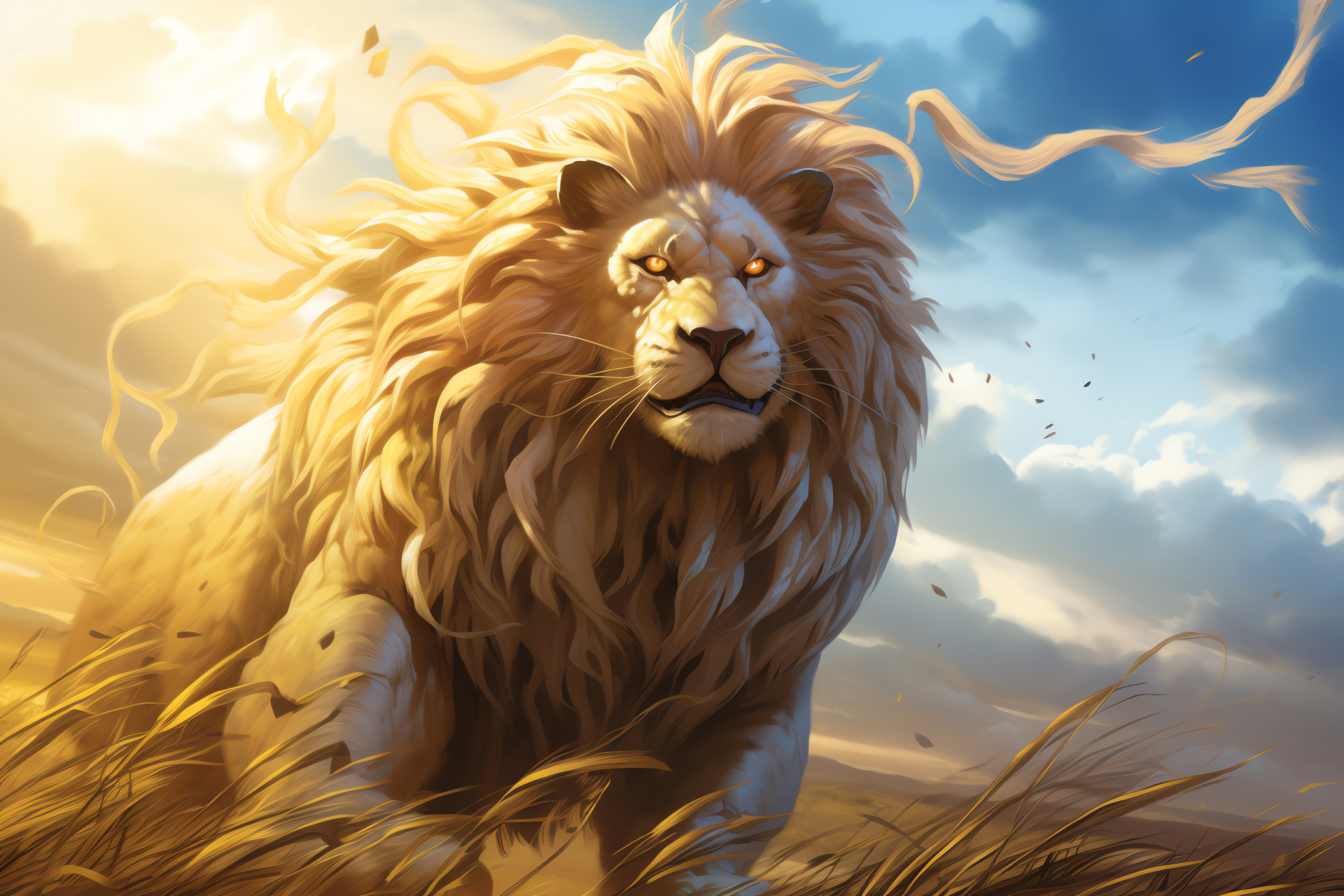 Ajani Goldmane illustration, Leonin loyalty, Golden mane, Tranquil savanna, Planeswalker depiction, HD Desktop Wallpaper