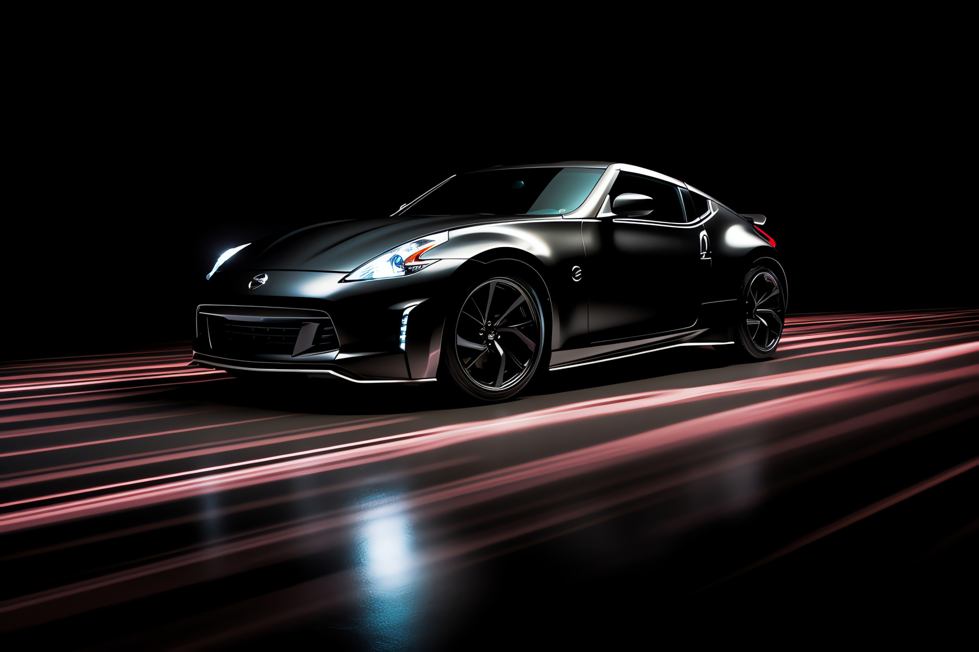 Vibrant Nissan 370Z, Two-color brightness, Solid backdrop, Wide-angle sports car, Glowing automotive design, HD Desktop Image