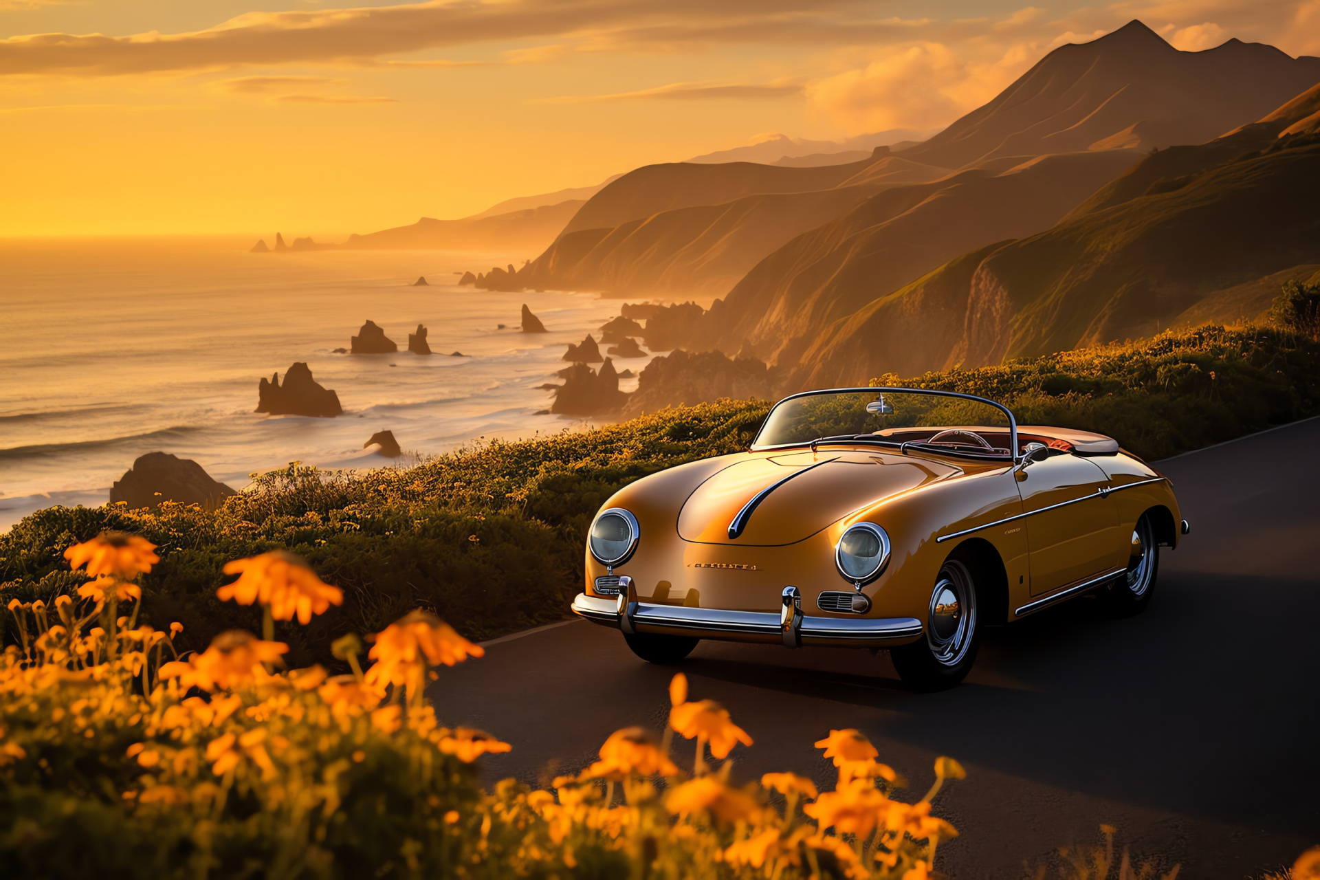 Pacific Coast highway, Porsche luxury vehicle, Californian travel, Elegant roadster, Vintage Porsche, HD Desktop Image