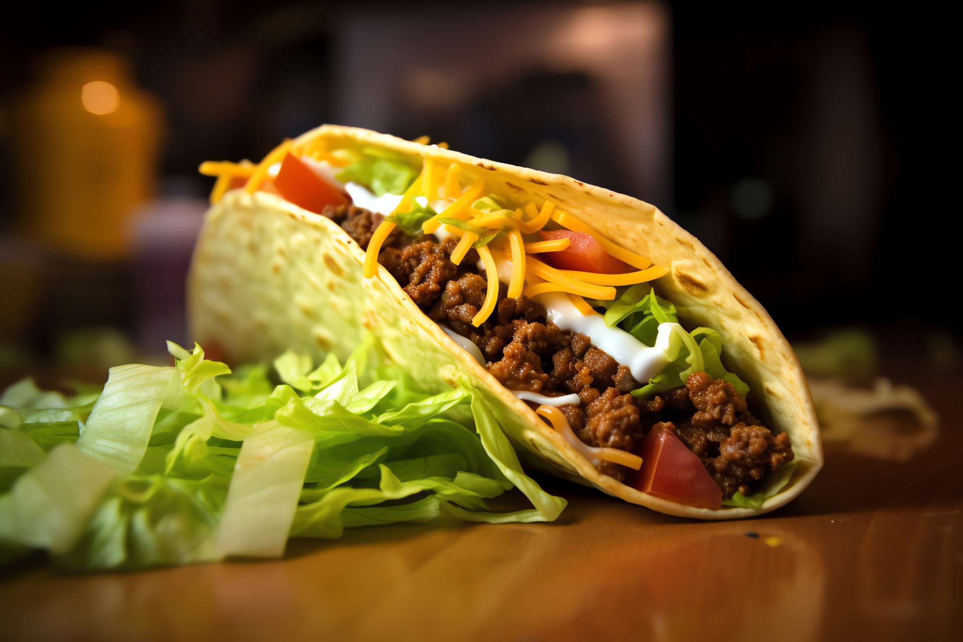 Taco Bell classic, Crunchy shell taco, Seasoned ground meat, Crisp lettuce, Shredded cheese topping, HD Desktop Wallpaper