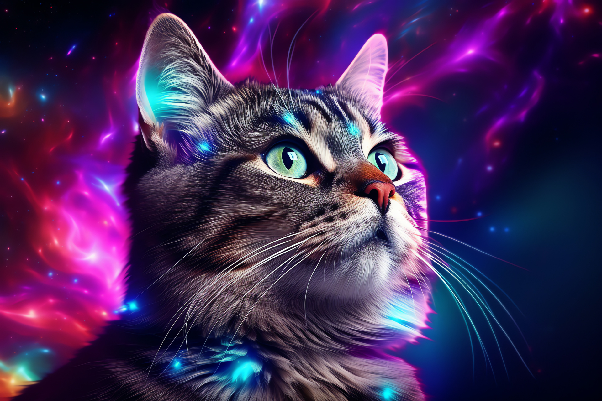 Mythical space felines, Cosmic scenes, Fantastic kittens, Starry expanse, Galactic cats, HD Desktop Wallpaper