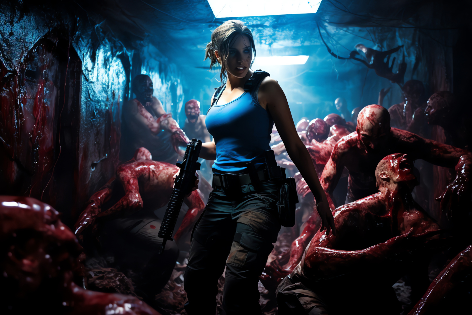 Jill Valentine, battle-ready with shotgun, Resident Evil mutants, Umbrella facility, survival horror, HD Desktop Image