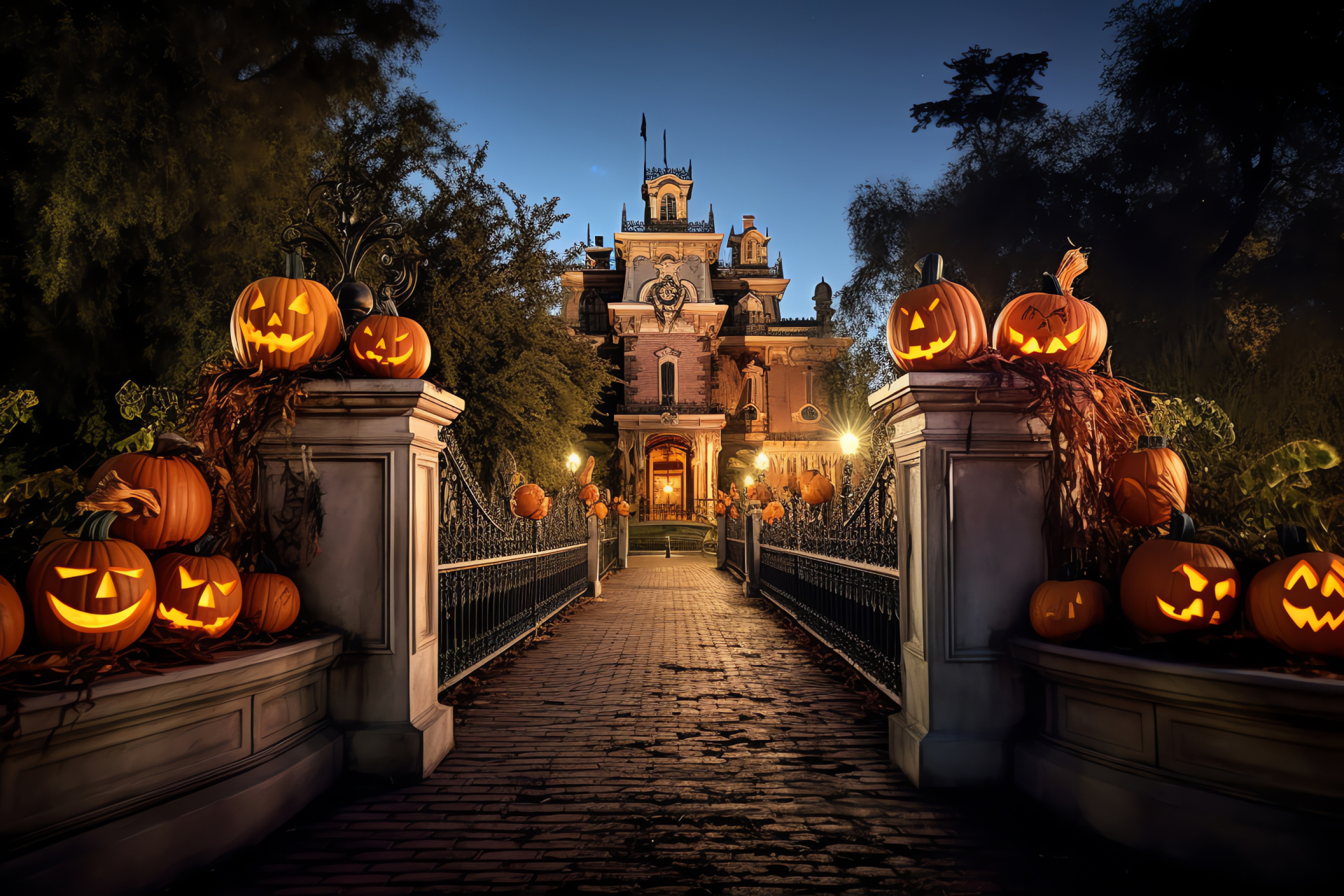 Ghoulish Halloween mansion, Spun cobwebs in dusty corners, Flickering candlelights, Phantom-like apparitions, Macabre October night, HD Desktop Image