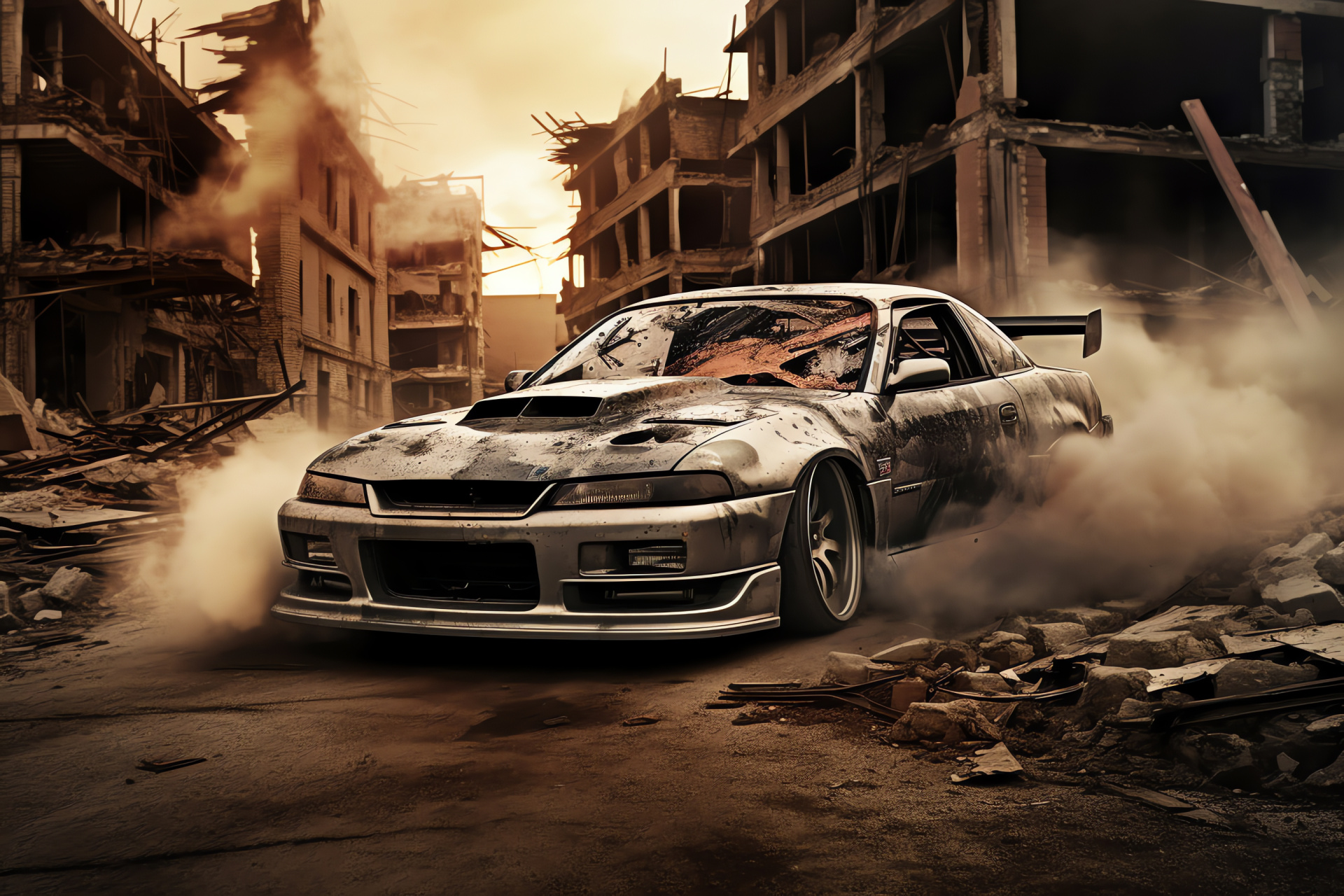 S15 Silvia car, chaotic scenery, destruction theme, urban decay, smoke engulfed skyline, HD Desktop Wallpaper