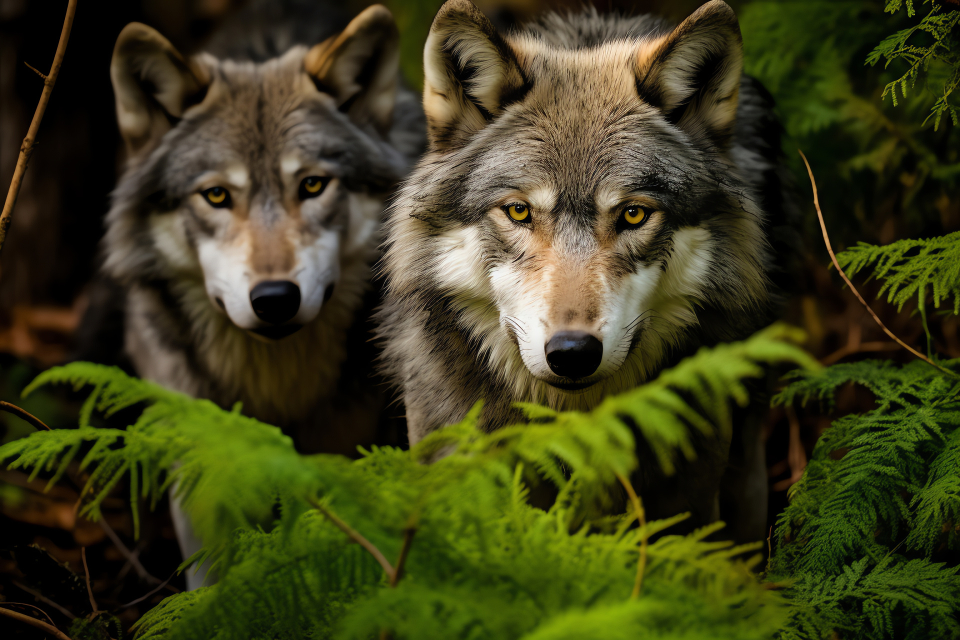 Canid predators, Gray lupine animals, Emerald gaze, Dark pelage, Woodland environment, HD Desktop Wallpaper