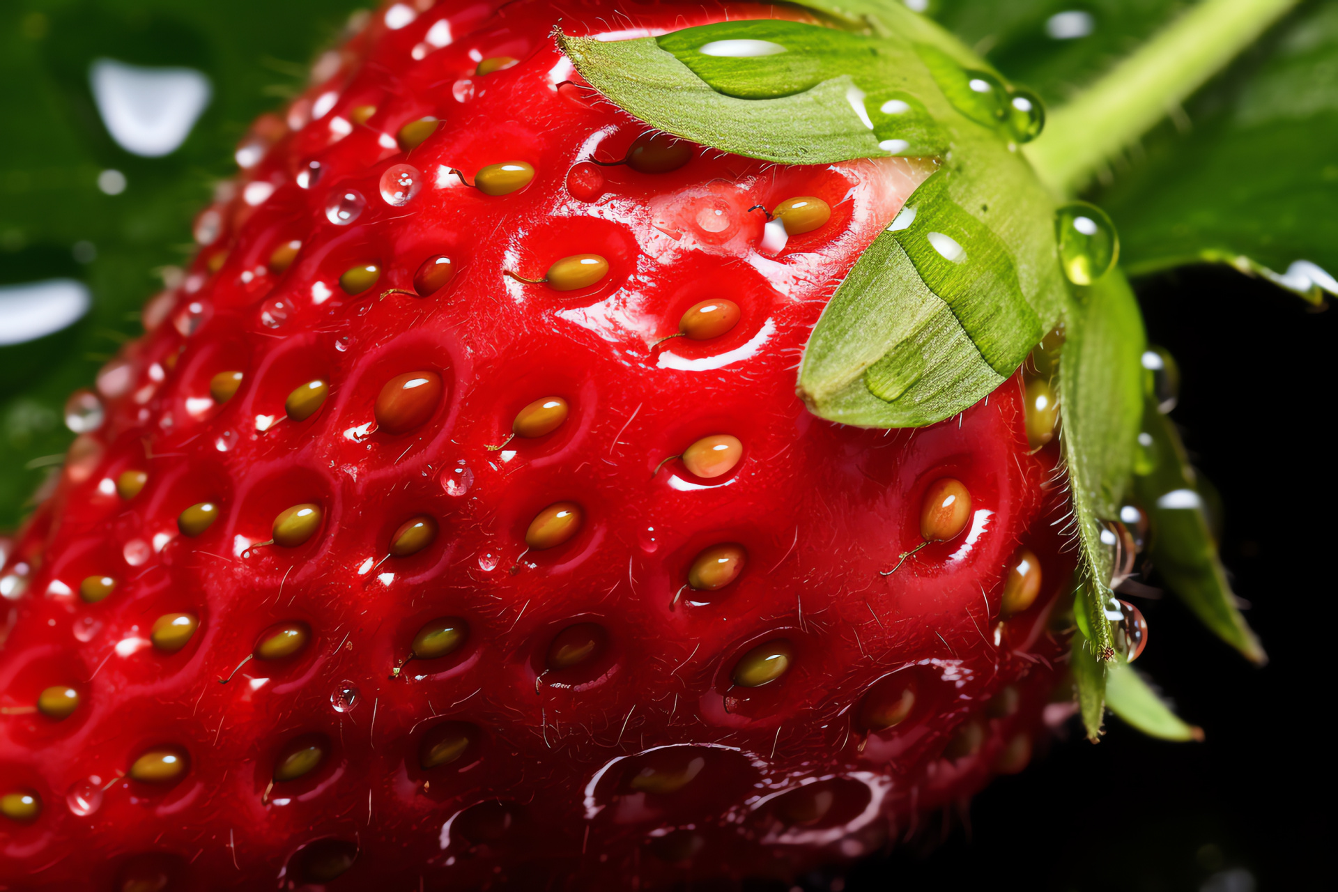 Single succulent strawberry, Bursting with juice, Crimson hue, Moisture droplets, Fruit delicacy, HD Desktop Image