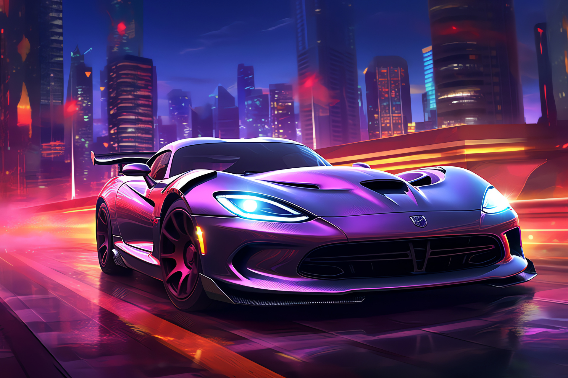 Srt Viper GTC, metropolis layout, front view, city glow, silver sophistication, HD Desktop Image