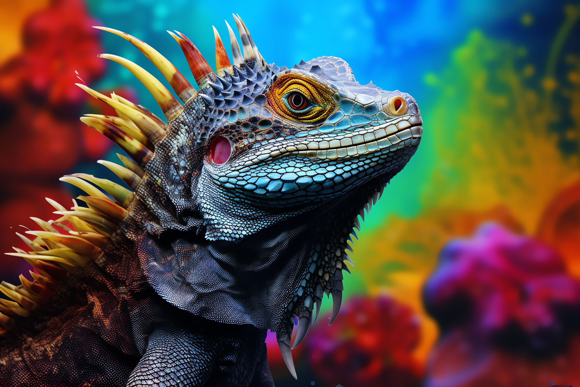 Aquatic dragon display, Mythical creature inspiration, Marine reptile gaze, Bold lizard stance, Turquoise mane detail, HD Desktop Wallpaper