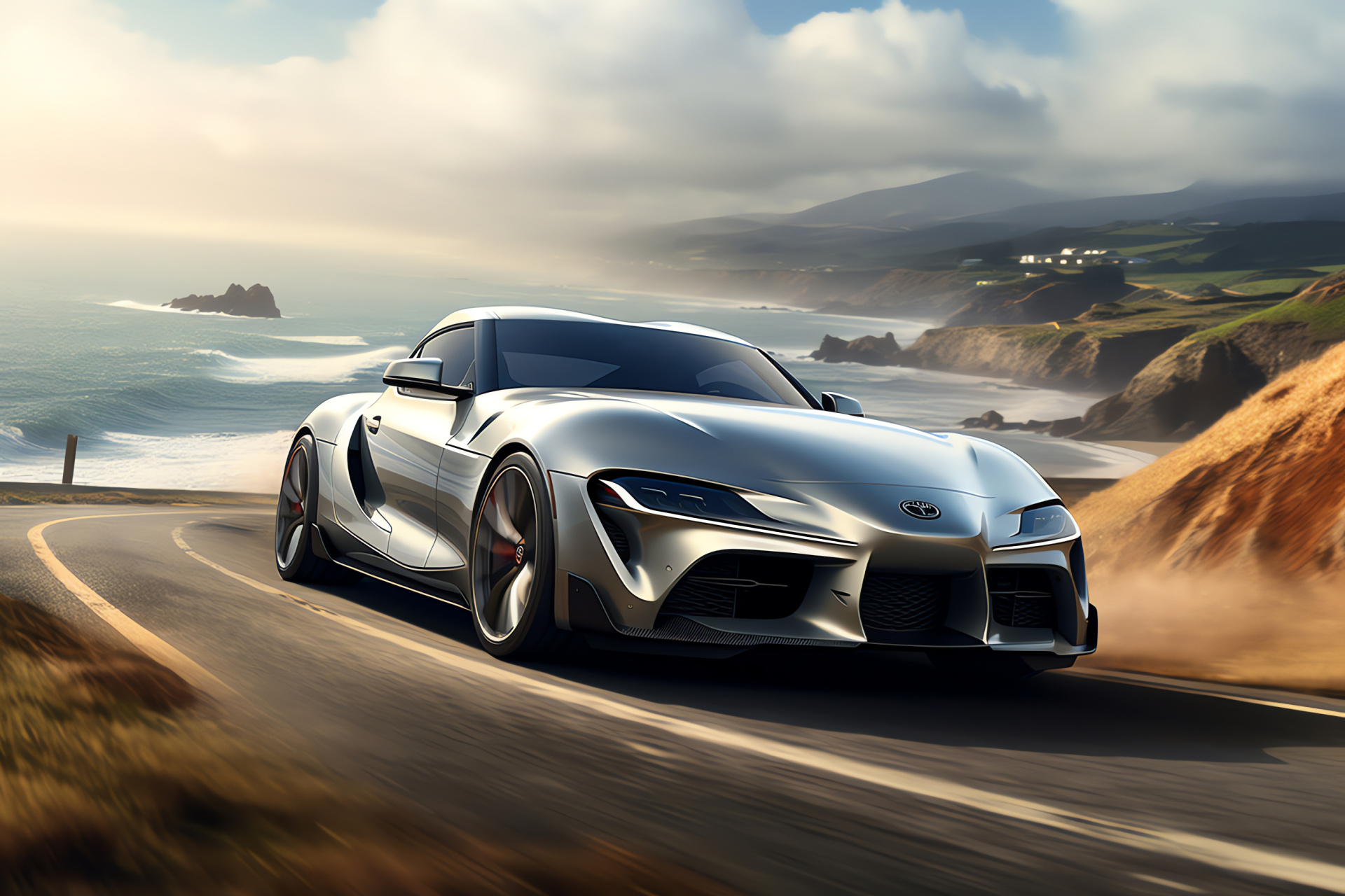 Toyota Supra GR A90, Seaside driving experience, Cliffside roads, Oceanic spray, Performance vehicle, HD Desktop Image