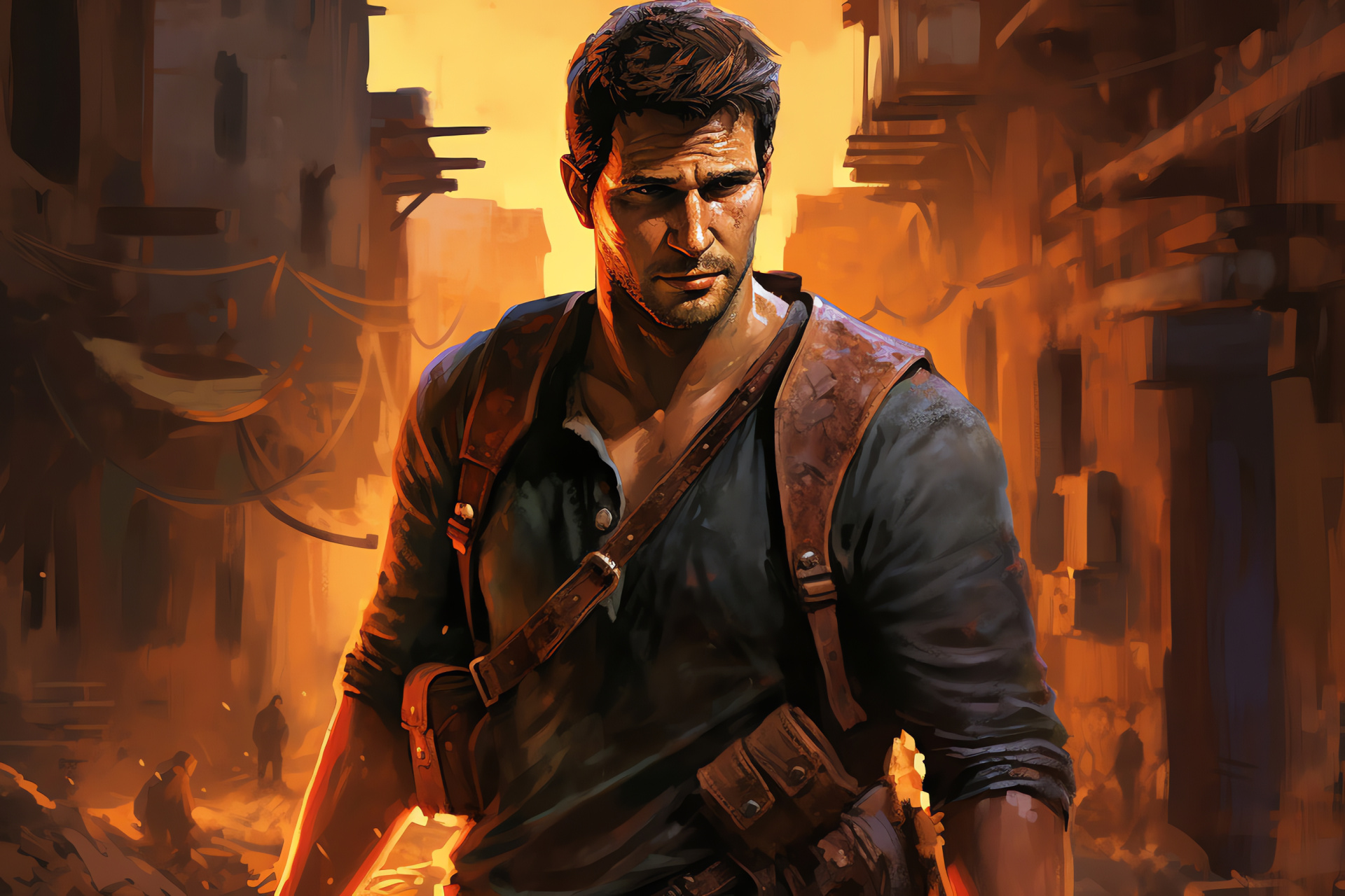 Uncharted 2 Drakes plight, Battle-ravaged locale, Militant encampment, Frayed explorer garb, Harrowing quest, HD Desktop Image