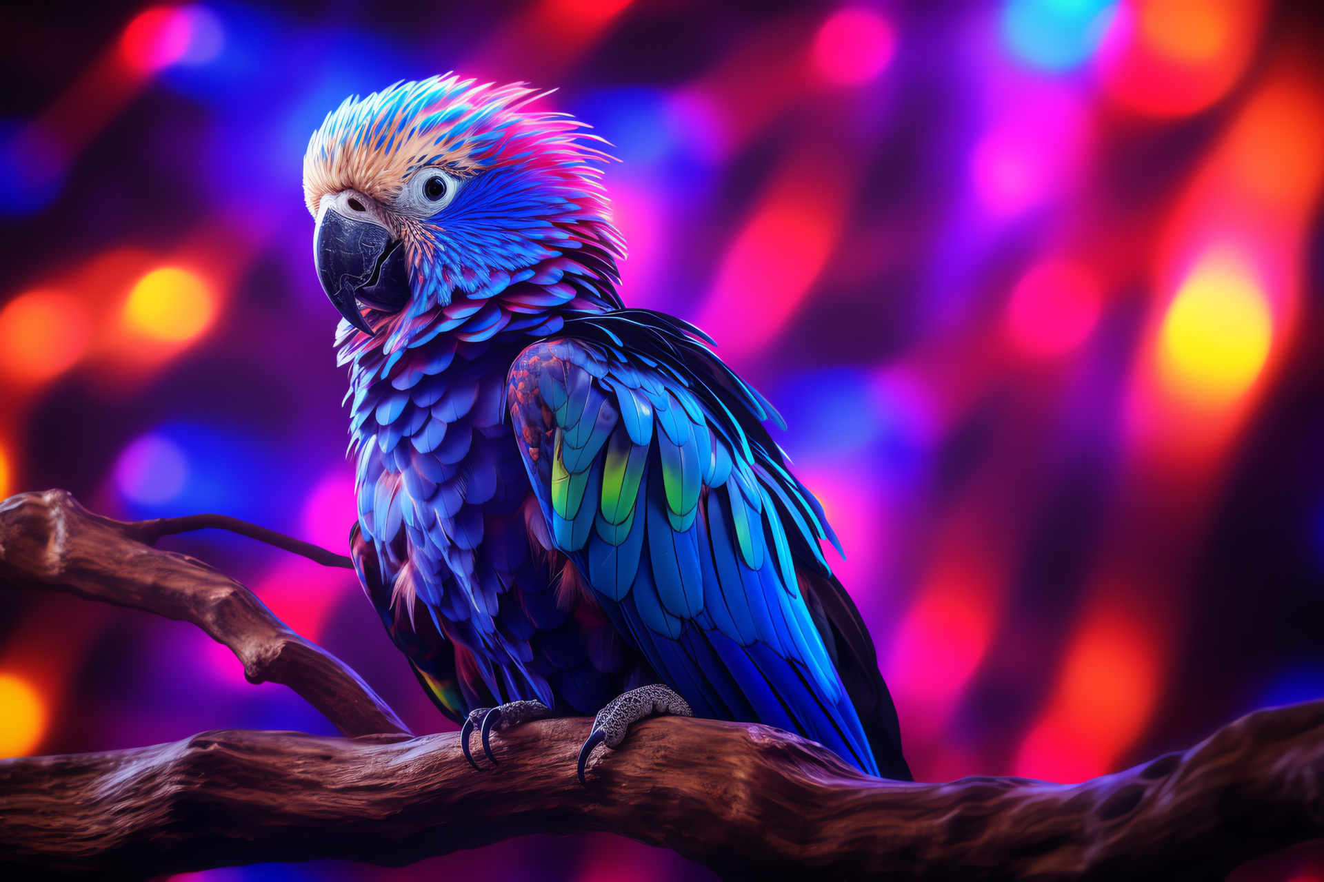 Bird perched, Parrot iridescent plumage, Branch sturdy, Backdrop light diffusion, HD Desktop Image