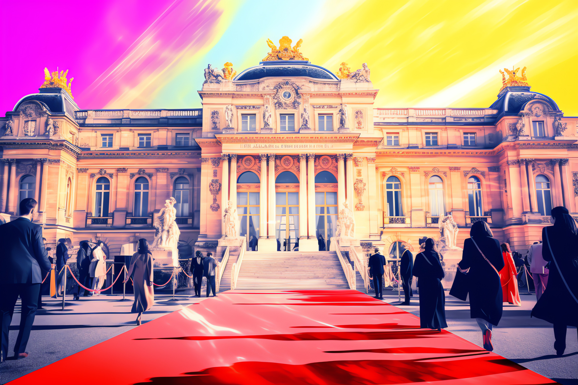 Celeb gala, Palace of Versailles event, Star-studded procession, Flash photography frenzy, French royal setting, HD Desktop Wallpaper