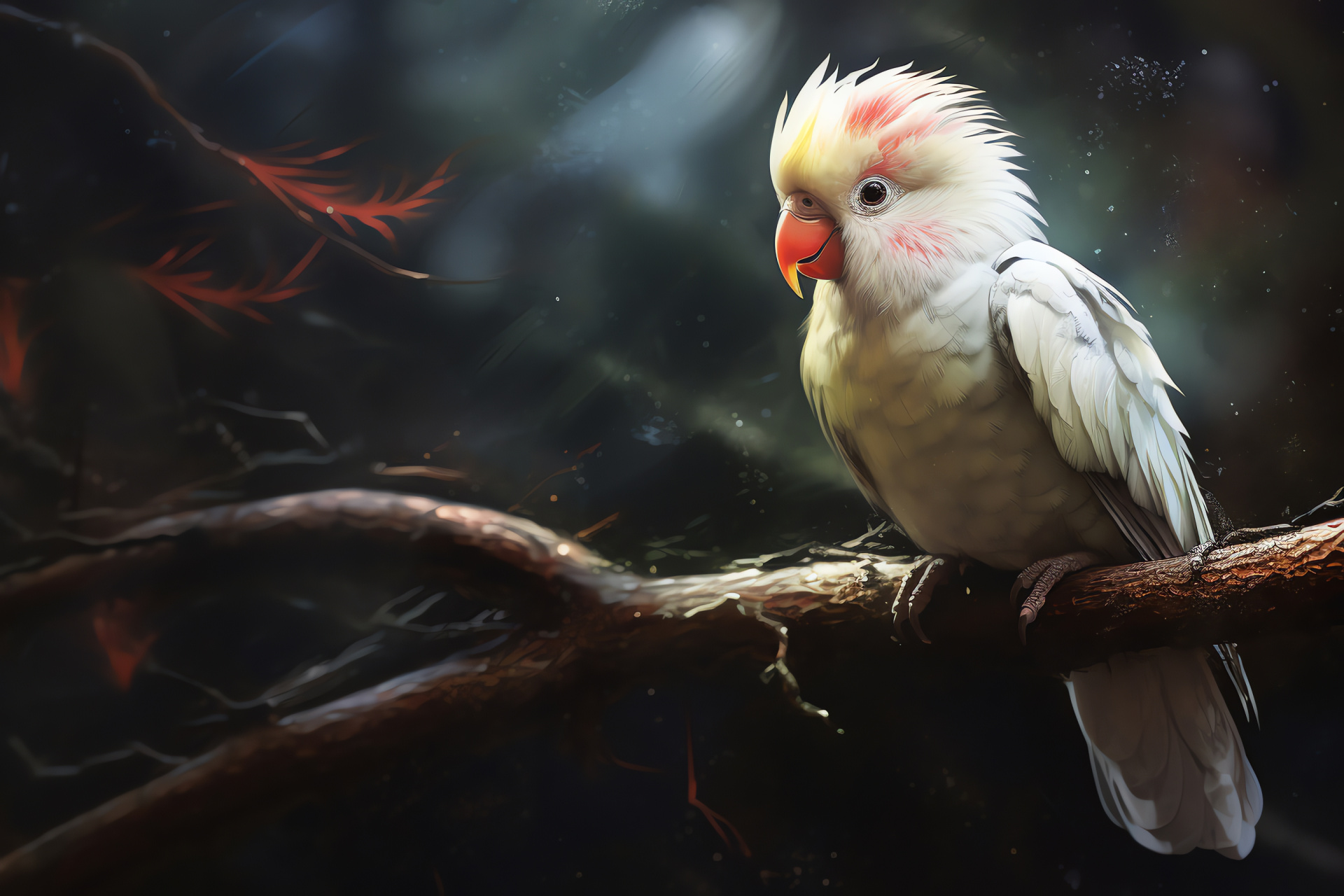 Albino parakeet perched, Bird crimson gaze, Feathered purity, Branch mossy, Woods ambiance, HD Desktop Image