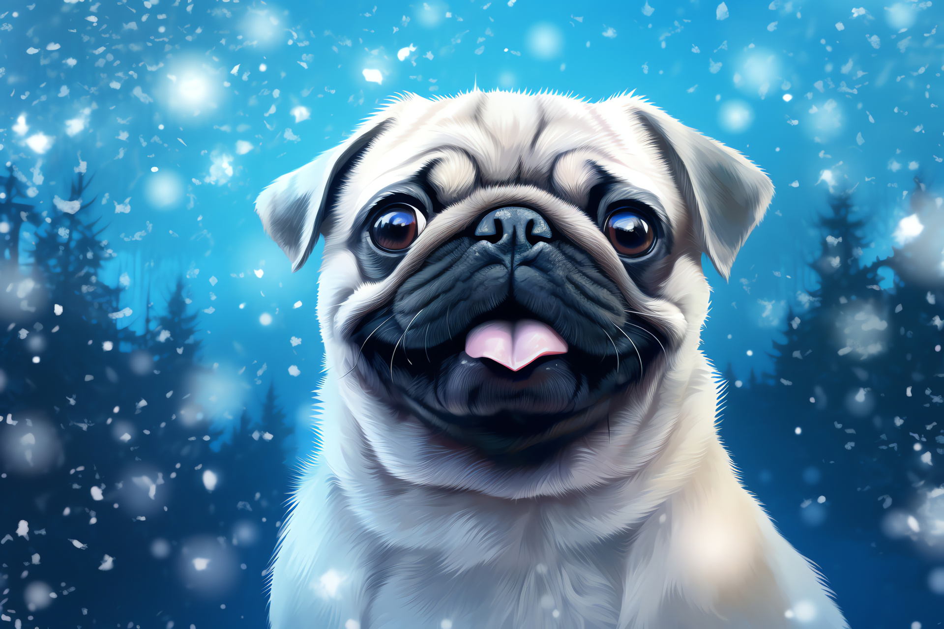 Pug, joyful canine, blue eyes, white fur, short-haired breed, HD Desktop Image