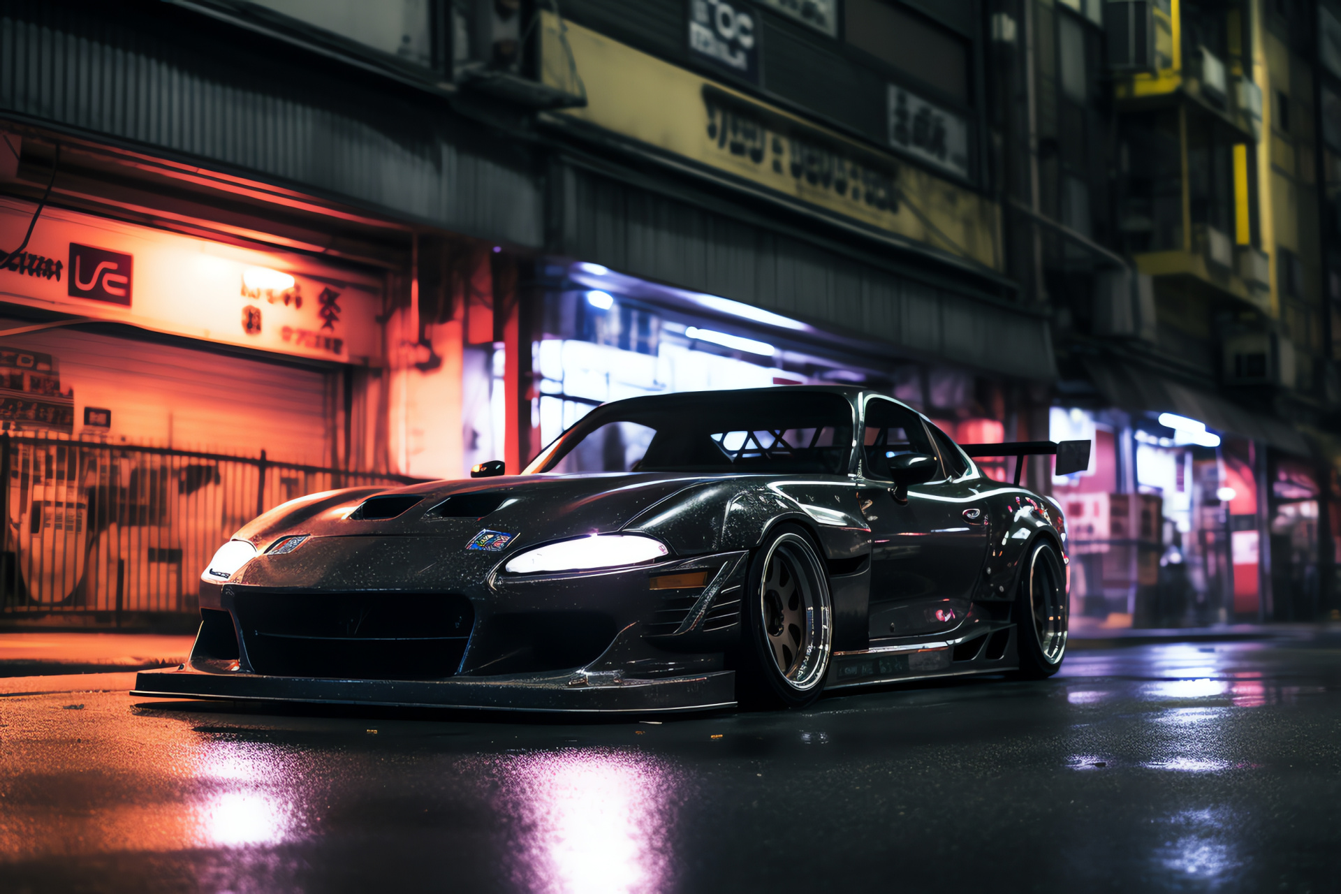 Veilside RX-7 performance, Tokyo drift culture, Tires screeching sound, Night city illumination, Street racing scene, HD Desktop Image