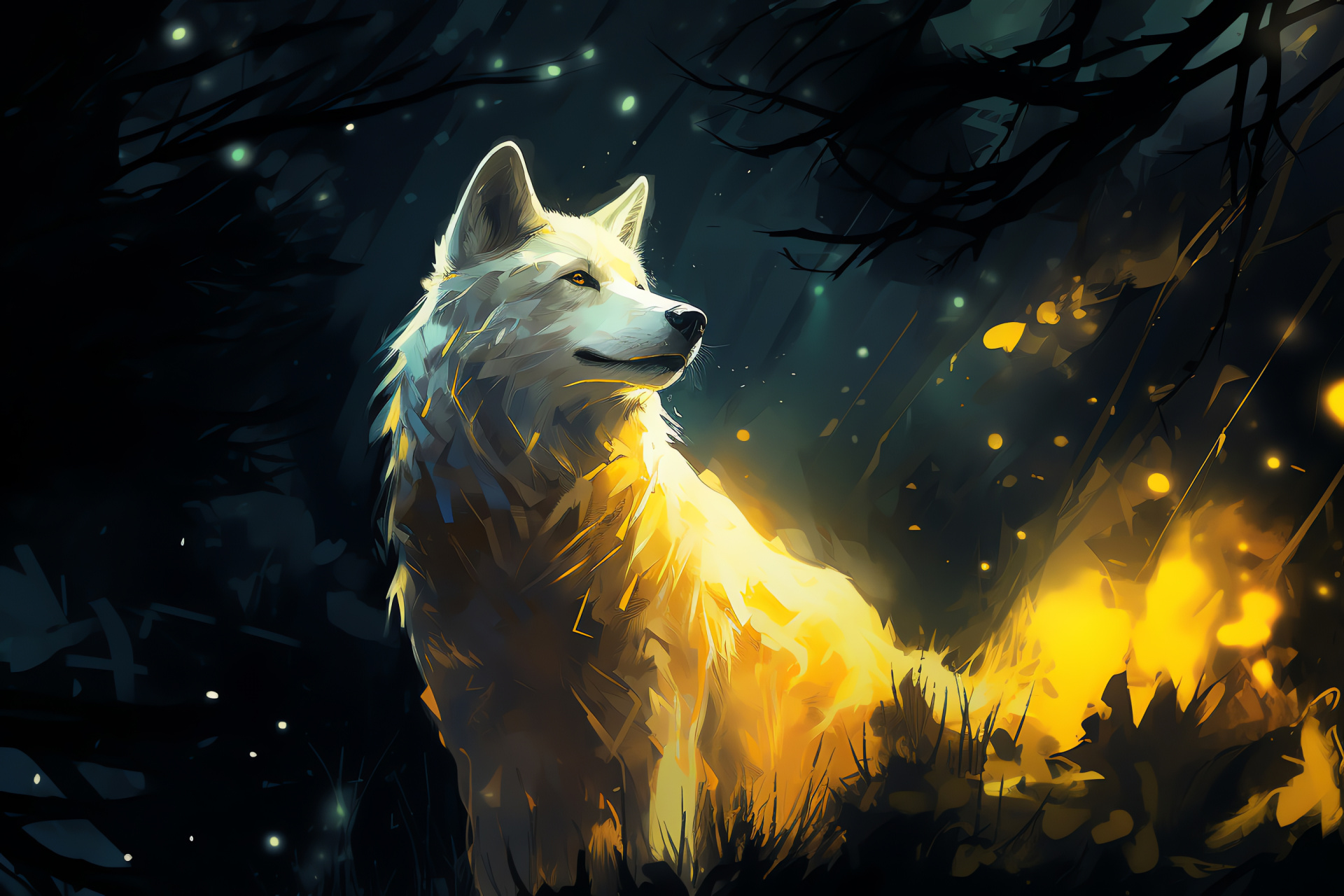 White Wolf, Lupine stare, Starlight fur, Nocturnal hunter, Wild canine, HD Desktop Image