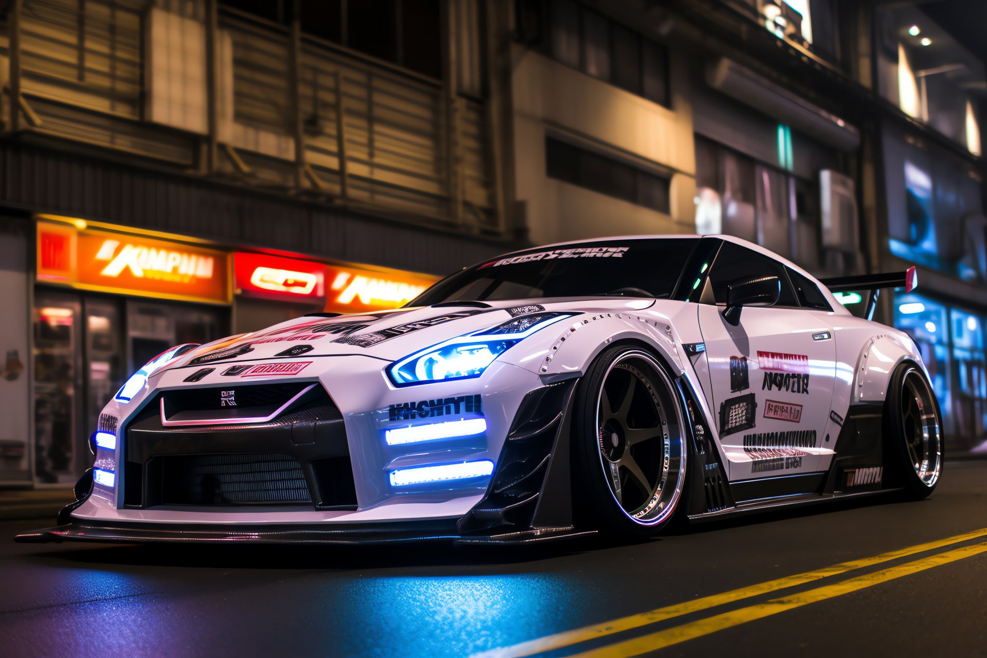 Nissan GTR customized, Tokyo urban vibe, Widebody design, Striking car graphics, Street-level Shibuya, HD Desktop Image