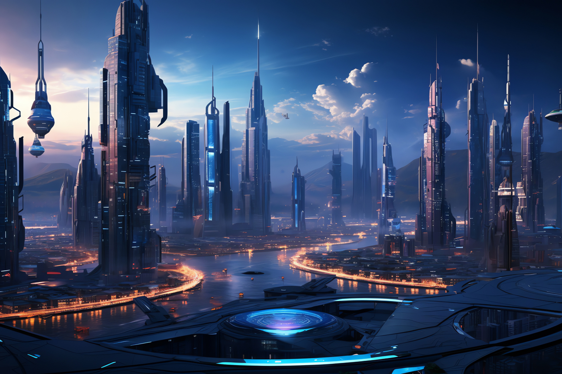 Futuristic cityscape, Urban complexity, Transit networks, Architectural wonders, Panoramic scope, HD Desktop Image