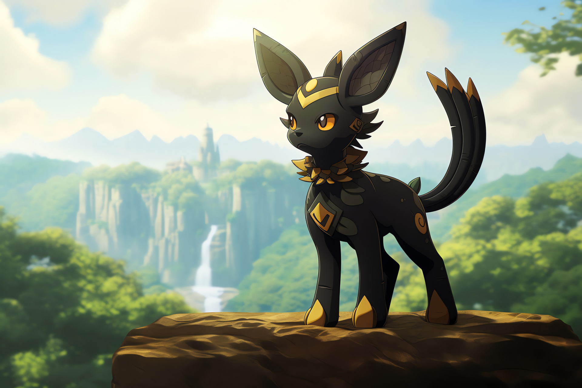 Umbreon in habitat, Stony escarpment, Verdant woodland, Onyx-coated creature, Golden ocular features, HD Desktop Wallpaper