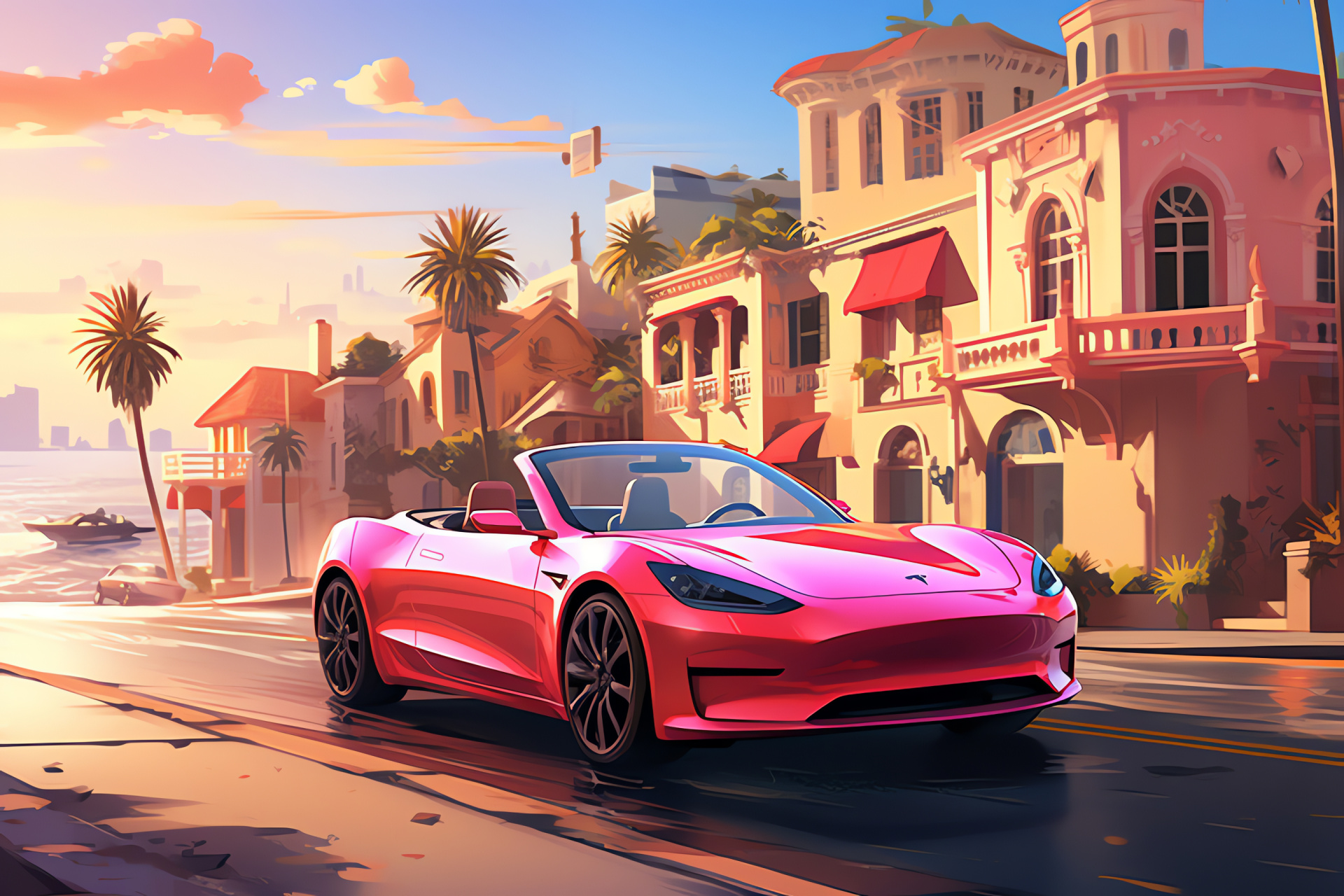 Tesla Auto, Model U debut, Seaside environment, Convertible Tesla model, Panoramic journey, HD Desktop Wallpaper