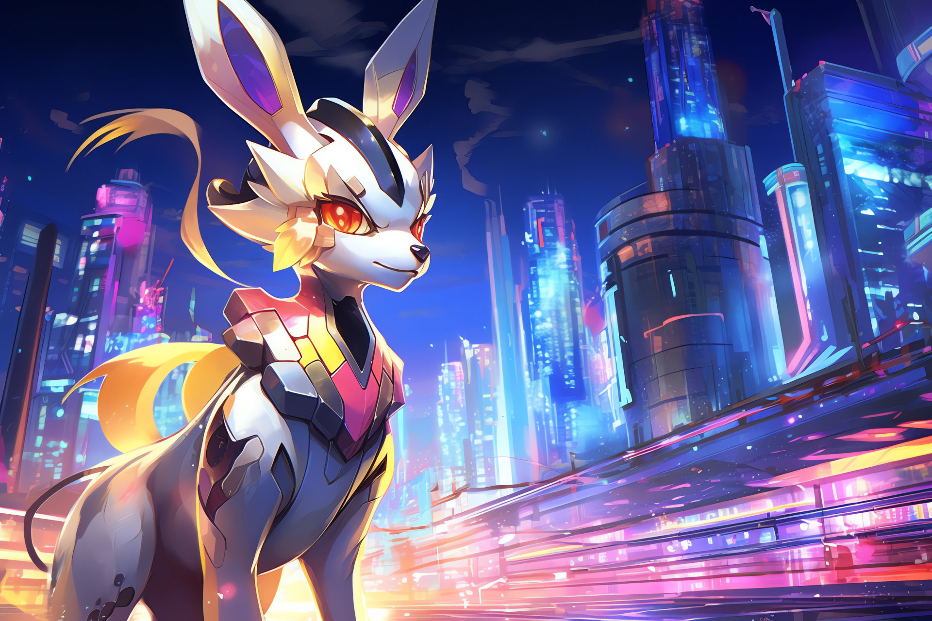 Pokemon evolution stage, Mega Ampharos, Electric-type, Gleaming fibers, Urban skyline, HD Desktop Image