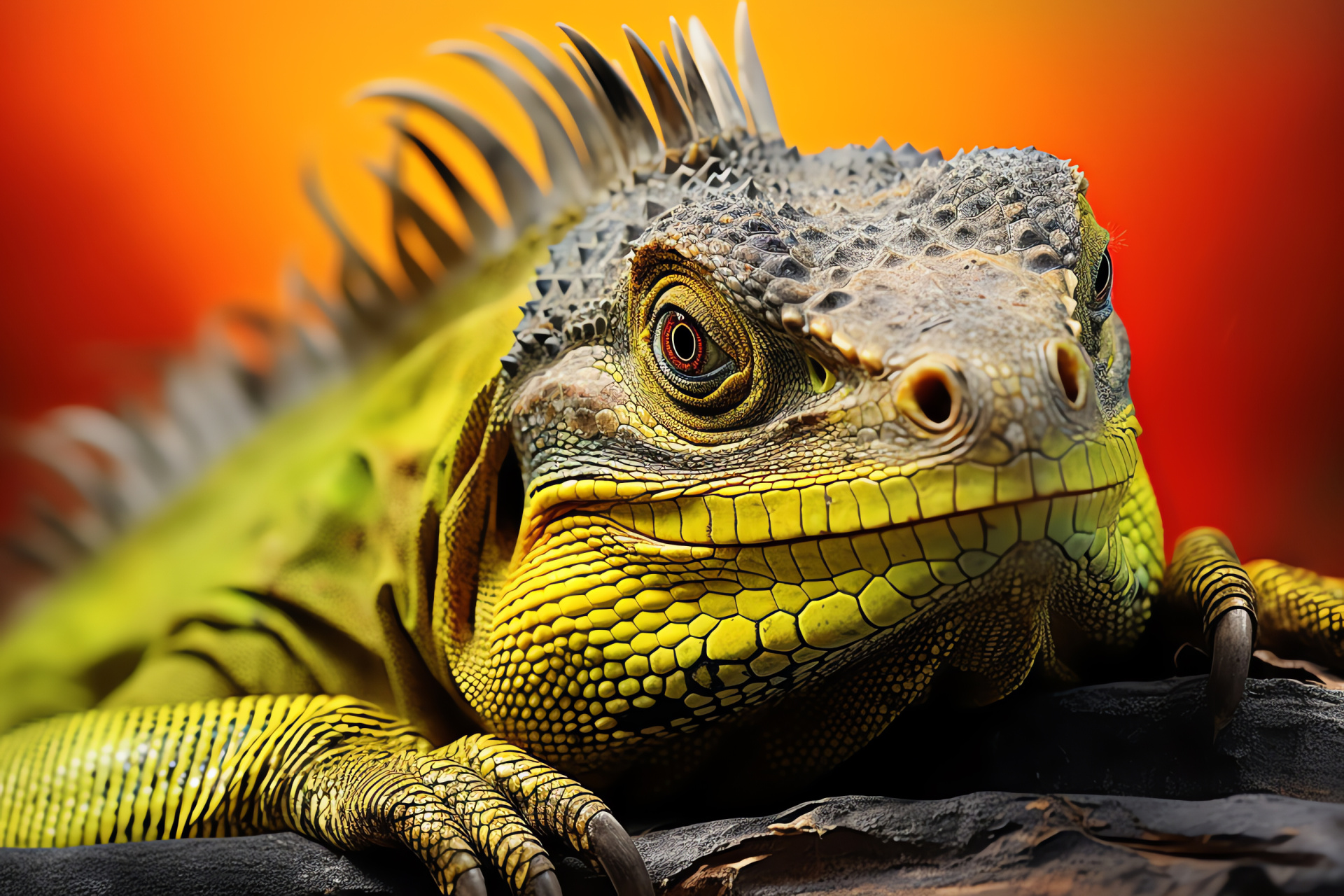 Iguana vision, reptilian gaze, two-tone environment, radiant oculars, textural depth, HD Desktop Wallpaper