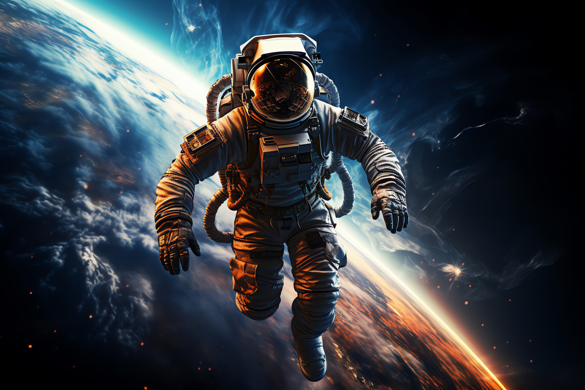 Cosmic venture, space exploration, tethered astronaut, orbital suit, interstellar safety, HD Desktop Wallpaper