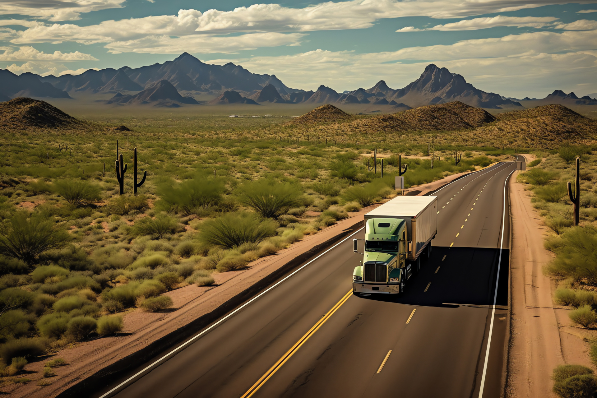 Semi truck convoy, Arizona desert, Dust covered roads, Rugged American terrain, Southwestern flora, HD Desktop Wallpaper