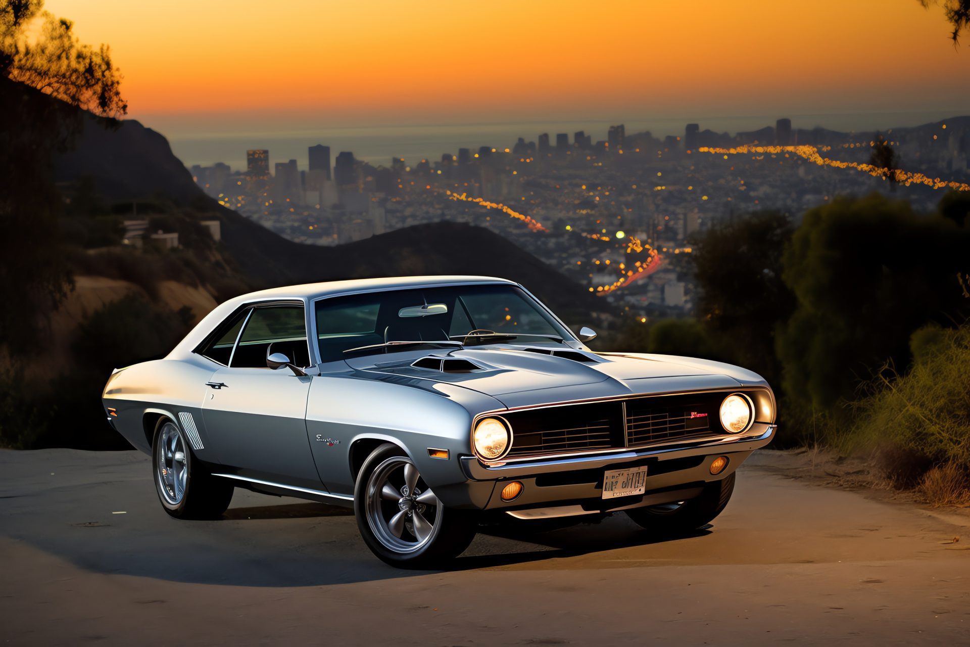 Plymouth Barracuda, Hollywood Hills scenes, chrome detail, Mulholland Drive ambiance, Californian coupe, HD Desktop Wallpaper