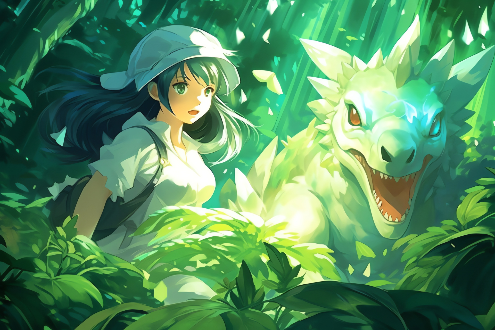 Pokemon White version, Erika character, Venusaur companion, Light beam, Lush foliage, HD Desktop Wallpaper