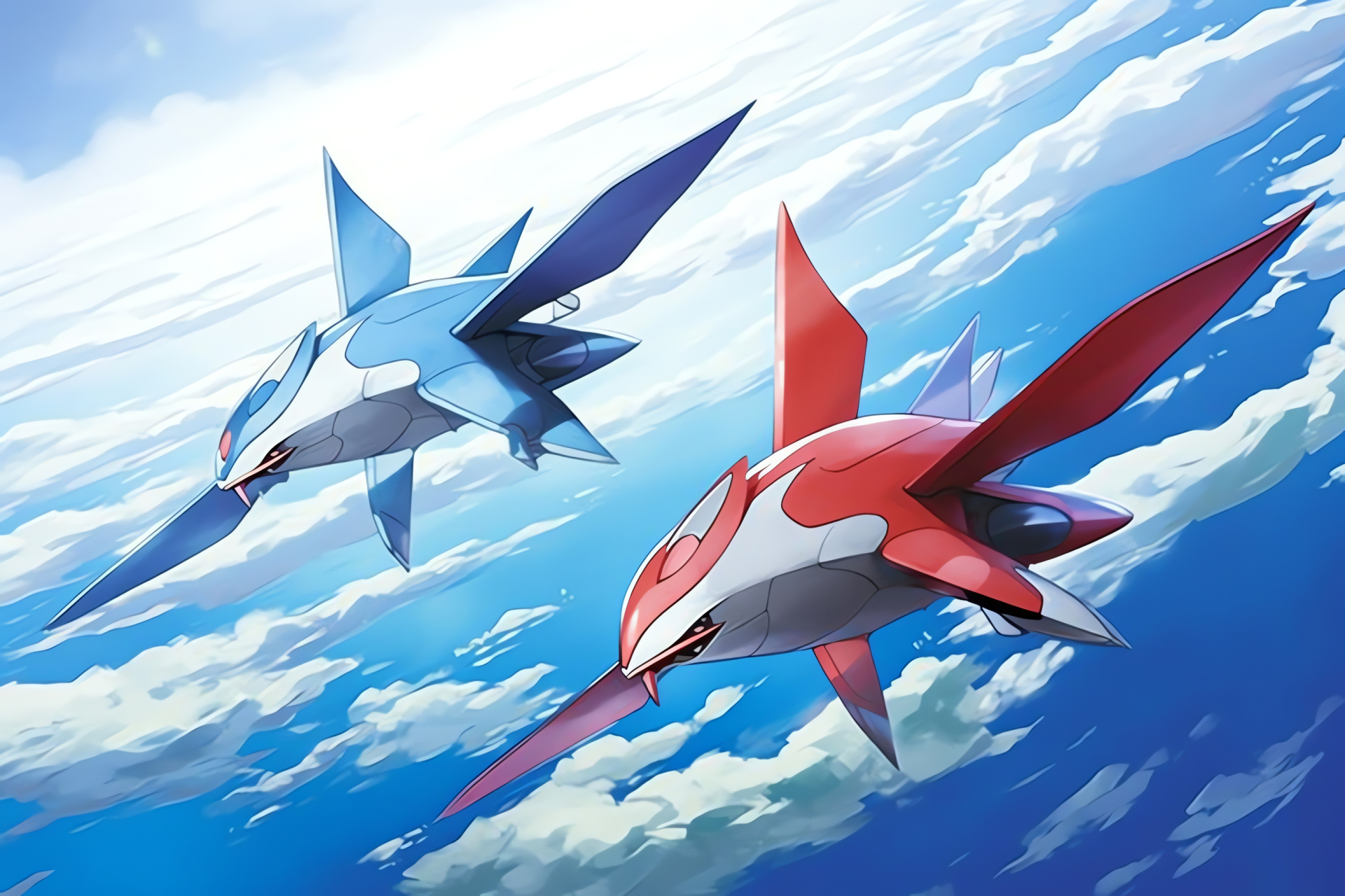 Latios and Latias, Drifting dragons, Azure and crimson duo, Fluid silhouettes, Legendary flight, HD Desktop Wallpaper