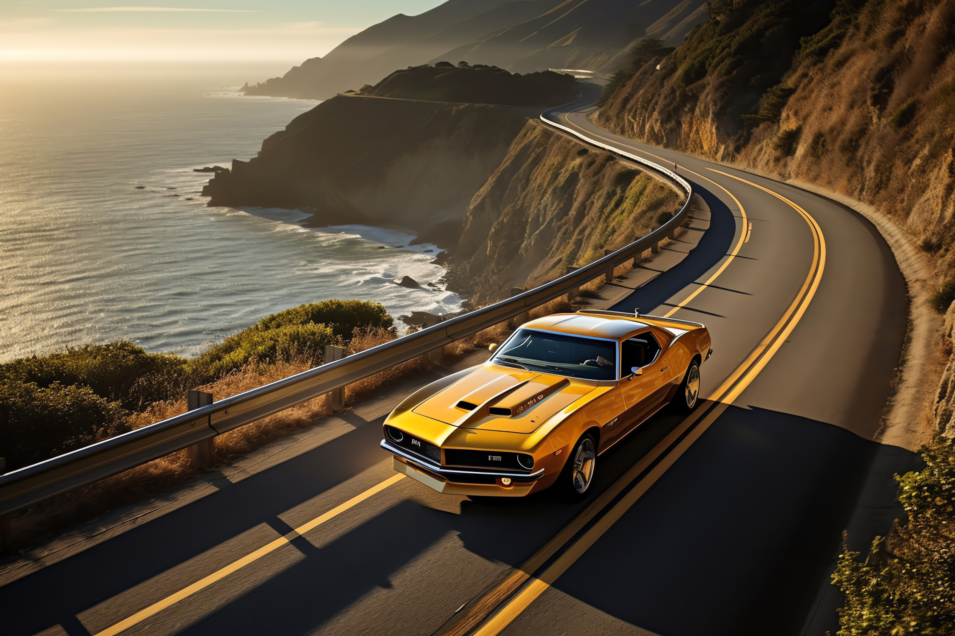 Pontiac Firebird Trans Am, Pacific highway scenery, ariel road perspective, California coastline, metallic aesthetics, HD Desktop Image