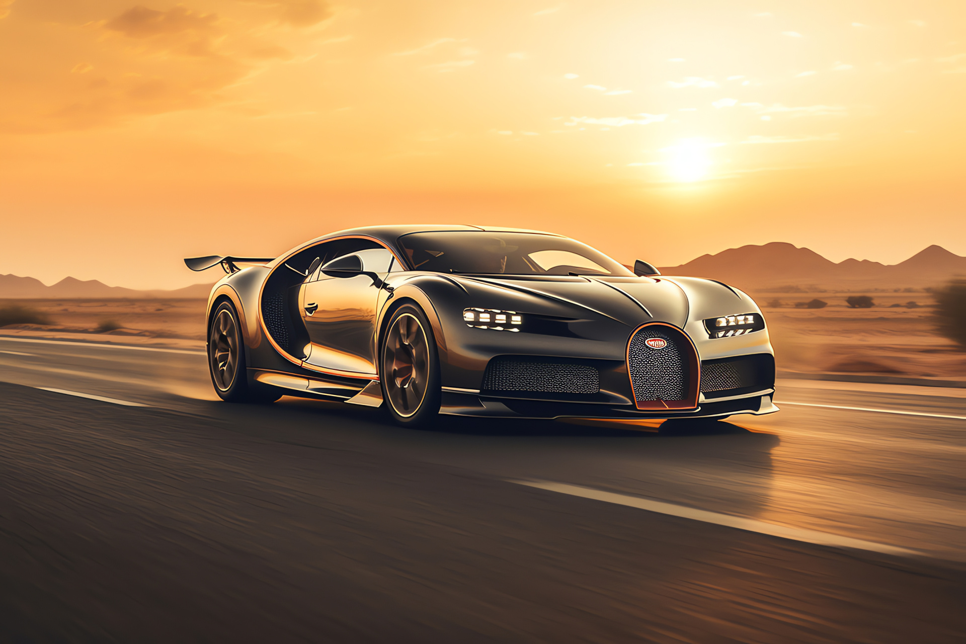 Bugatti Chiron Super Sport, Dubai skyline, Hypercar context, Golden hour radiance, Aerodynamic car shape, HD Desktop Wallpaper