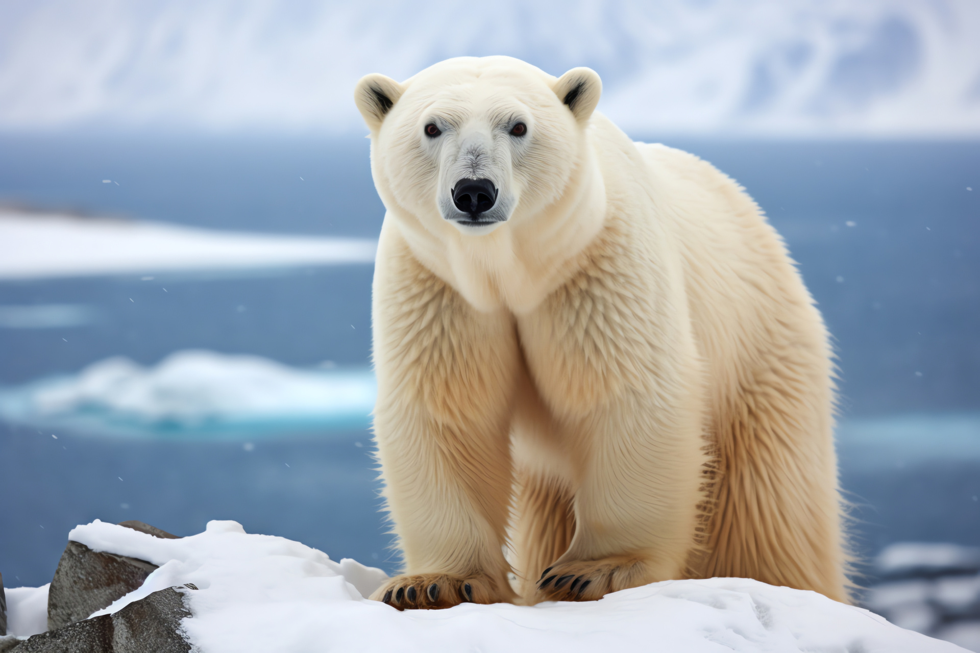 Polar Bear figure, icy blue glacial eyes, pristine arctic fur, frozen tundra domain, HD Desktop Image