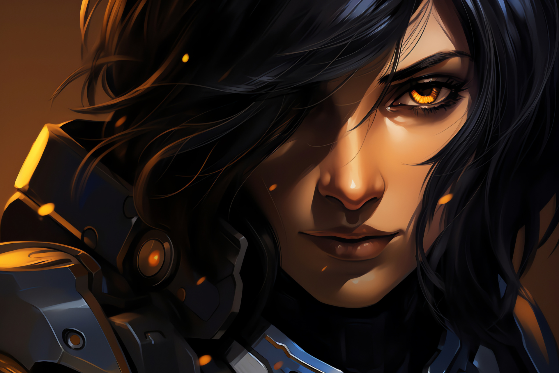 Pharah close-quarters, Overwatch battle gear, Heroic game portrait, Science fiction environment, Gaming character, HD Desktop Wallpaper