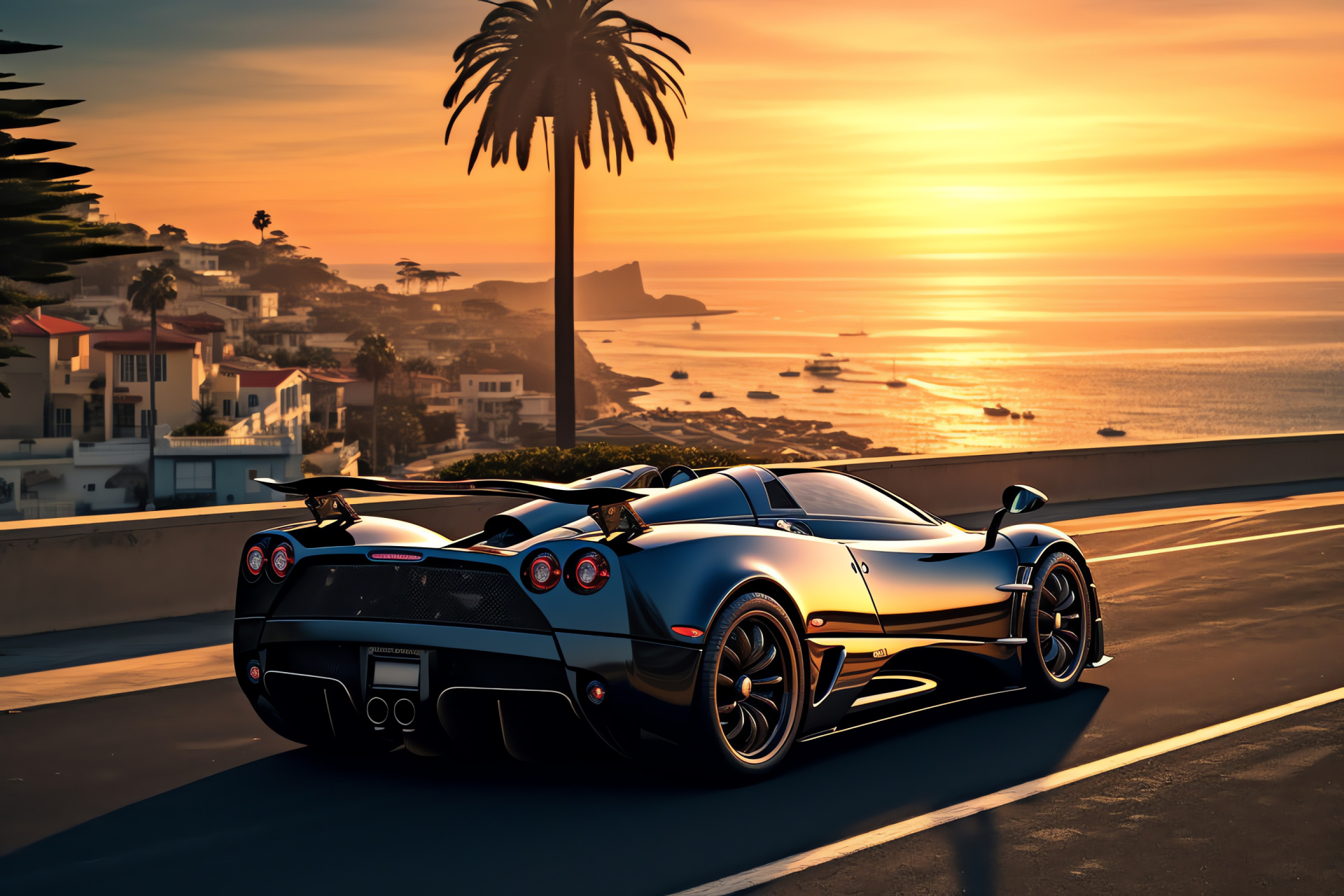 Pagani Zonda F, seaside route, rear perspective, open-top design, marine panorama, HD Desktop Image