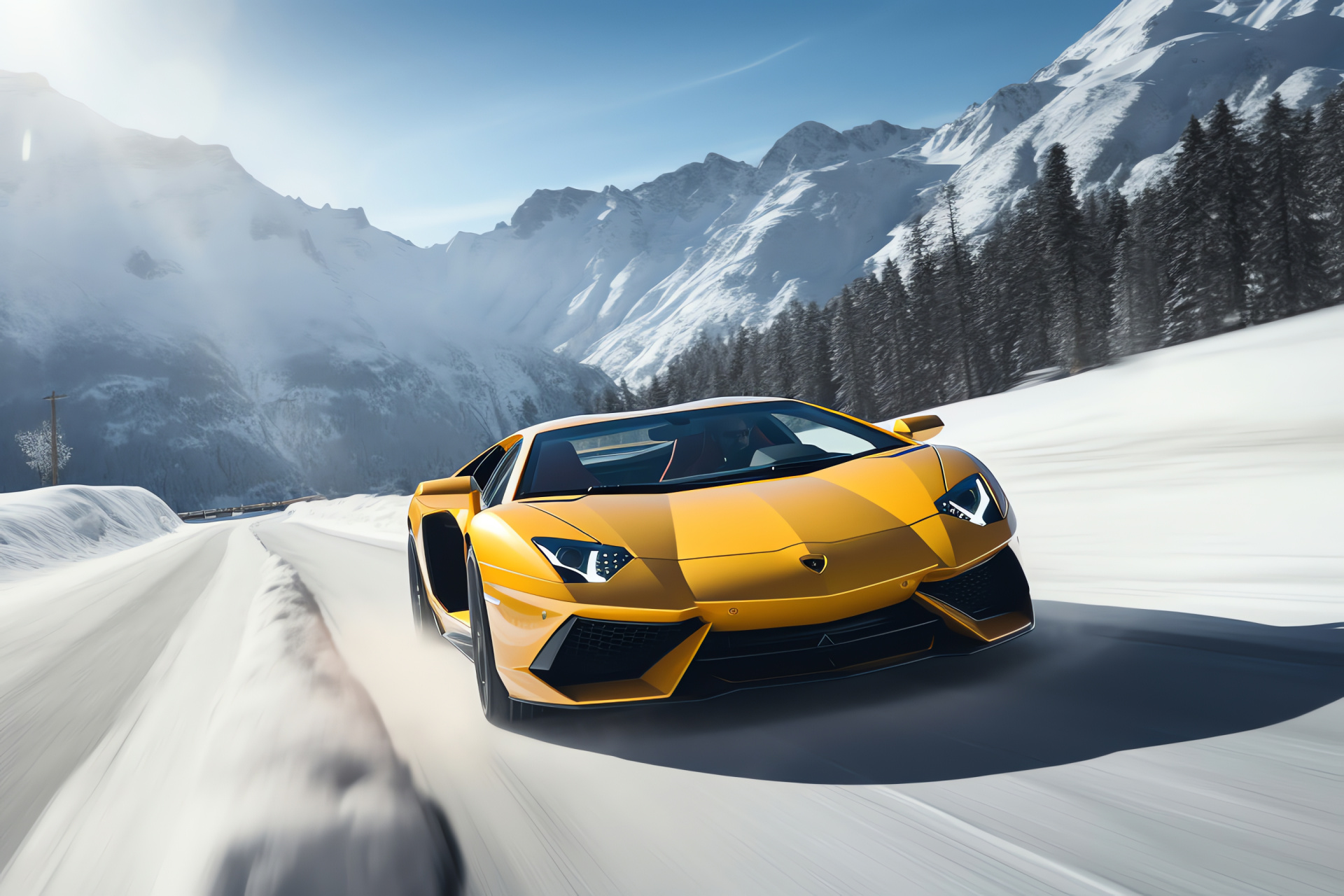 Lamborghini Aventador SVJ, Swiss Alps setting, High-performance supercar, Snowy landscape, Wintry scenic roads, HD Desktop Image