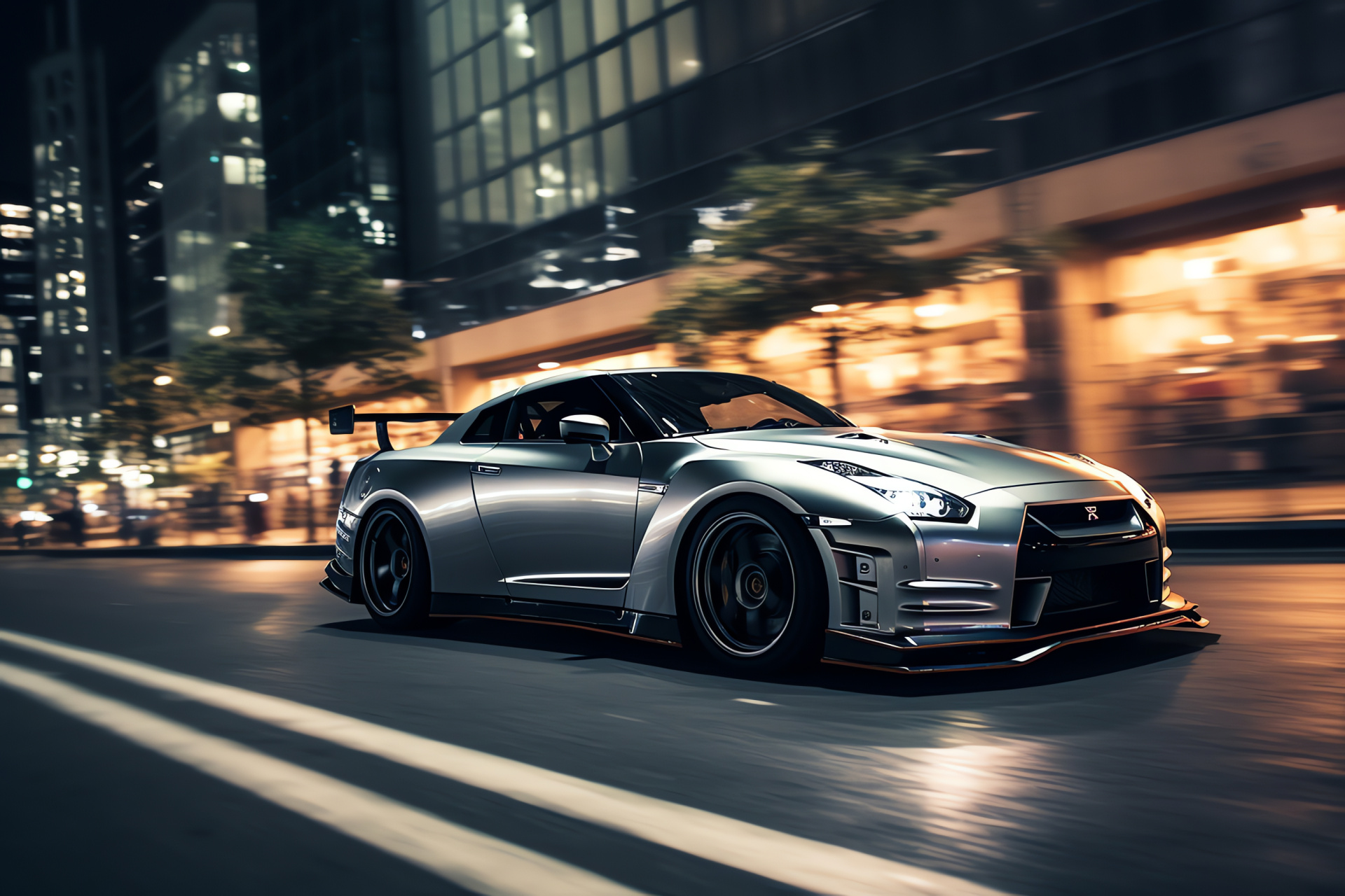 Nissan GTR, Tokyo nightlife, shimmering facade, contemporary style, camera low-angle, HD Desktop Wallpaper