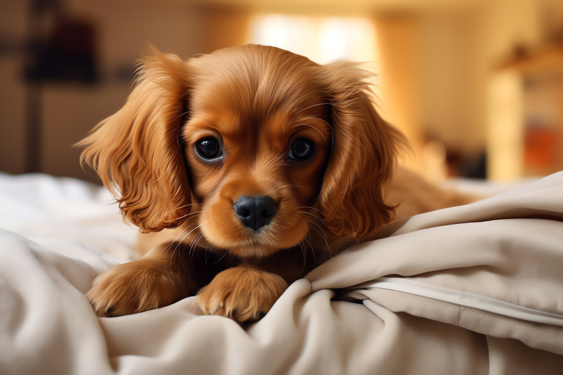 Cavalier King Charles Spaniel pup, Toy dog category, Rich chestnut fur, Silky texture, Expressive eyes, HD Desktop Image