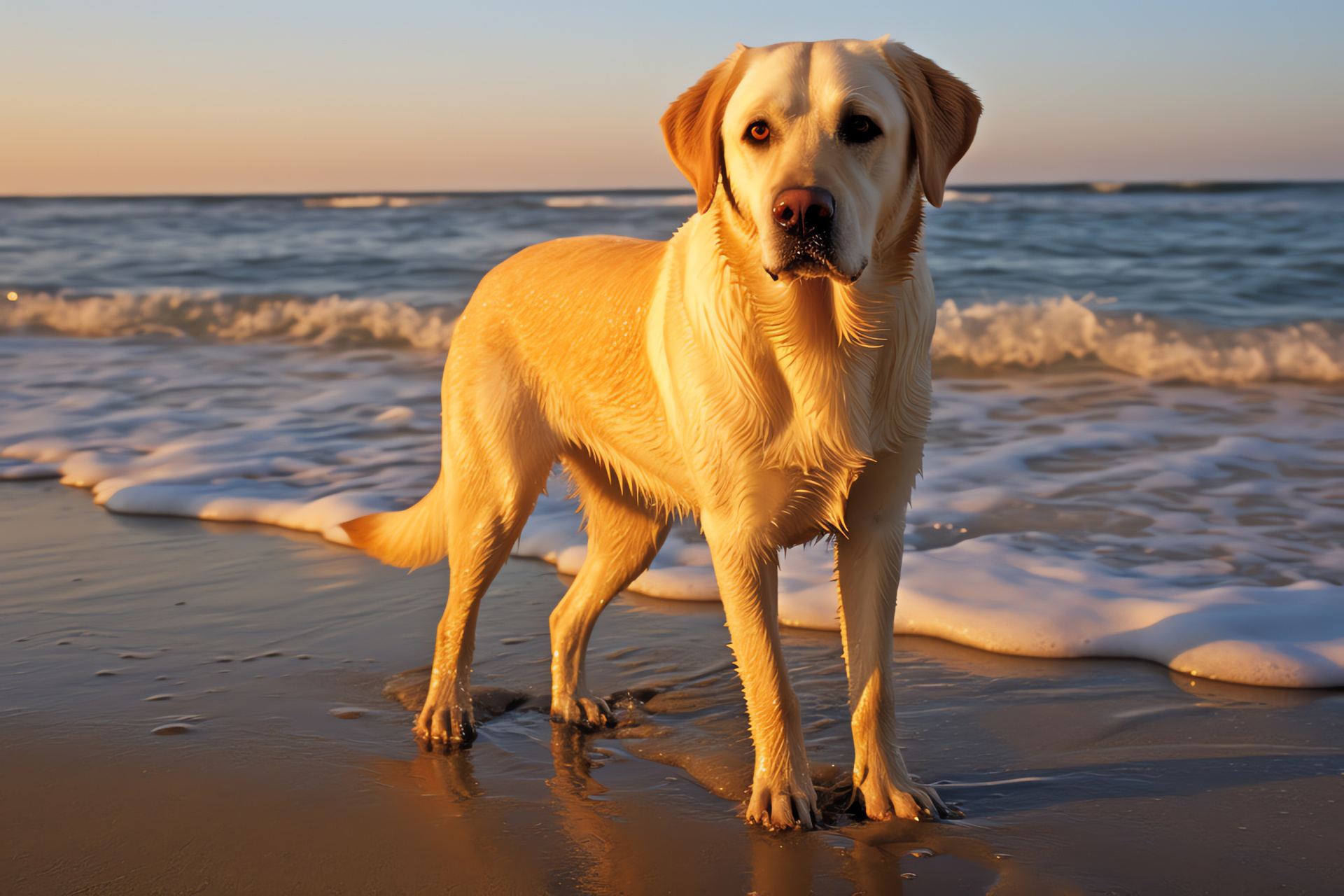 Mature Yellow Lab, gentle canine features, golden dog coat, coastal habitat, serene ocean, HD Desktop Image