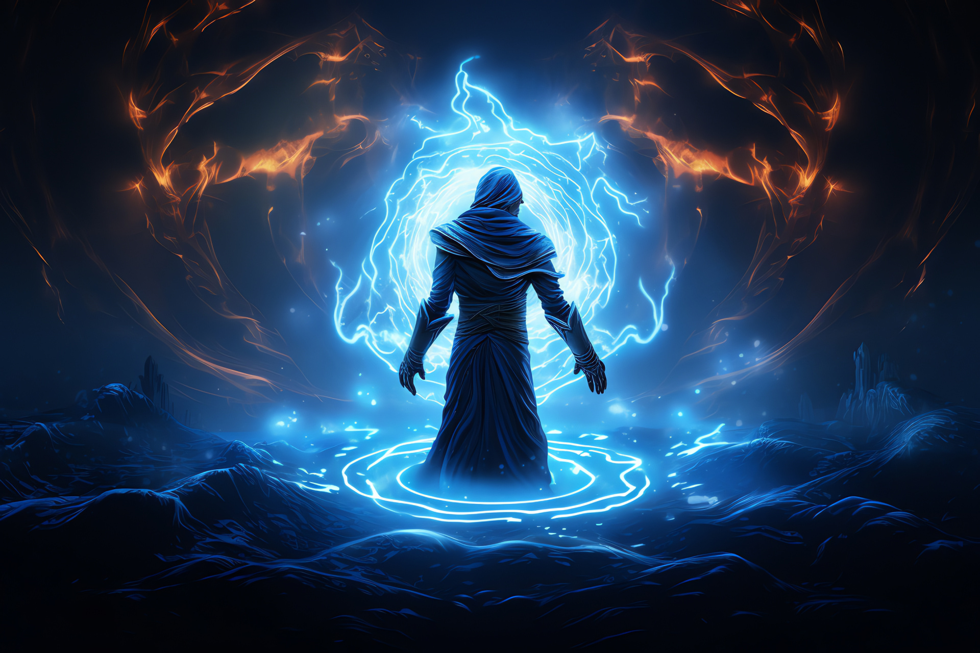 Path of Exile's Piety, Azure setting outline, Illuminated contour effect, Amber ocular glow, HD Desktop Image