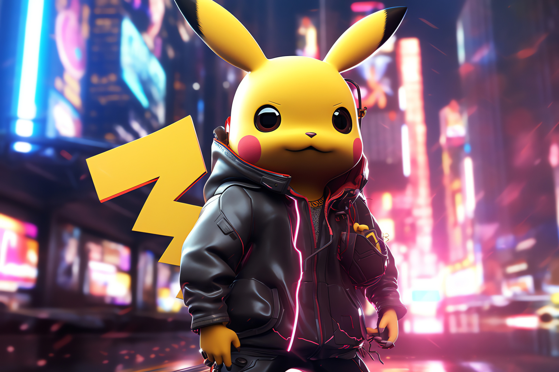 Cyberpunk Pikachu variant, Anime urban nightscape, Fluorescent street life, Virtual advertisement panel, Pop culture billboard, HD Desktop Wallpaper