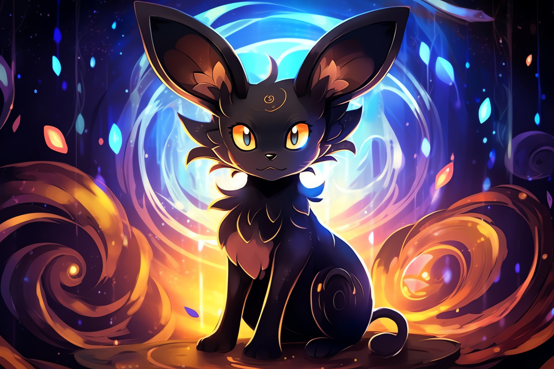 Umbreon creature, Pokemon series, Gold-circled black coat, Crimson ocular intensity, Focused disposition, HD Desktop Image