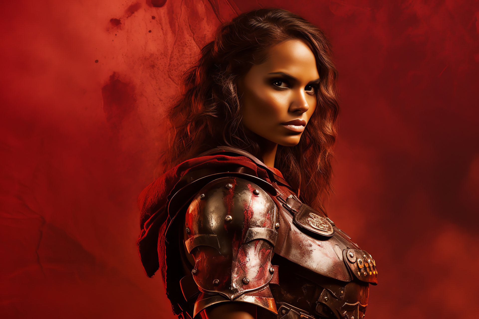 Naevia character, Lesley-Ann Brandt, Detailed armor, Gladiator series, Fierce persona, HD Desktop Wallpaper