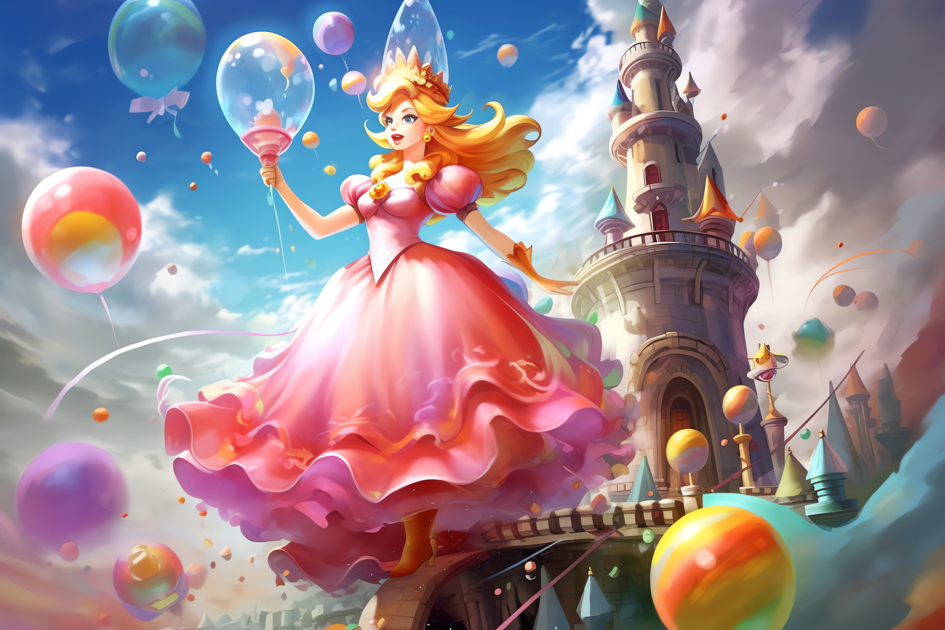 Princess Peach capture, Bowser Jr. villain, Mario series tower, Magical artefact, Koopa vehicle, HD Desktop Image